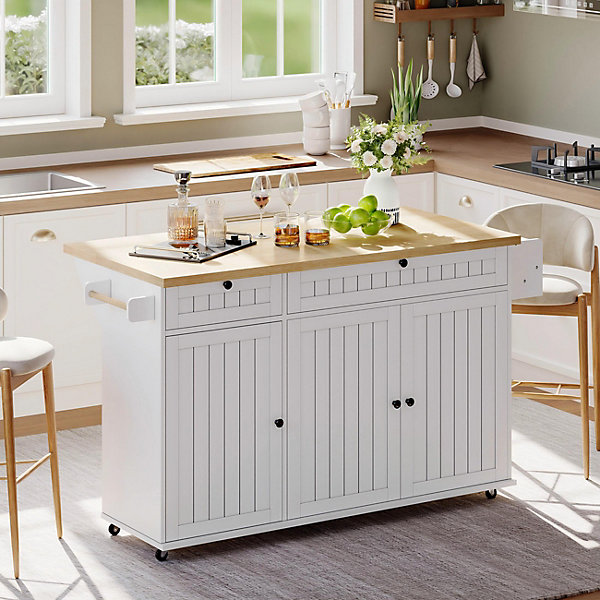 Îlot de Cuisine Mobile avec Table Pliante et Rangements, desserte de Cuisine avec Tiroirs et Portes - Blanc - 137x45-70x89,5 cm
