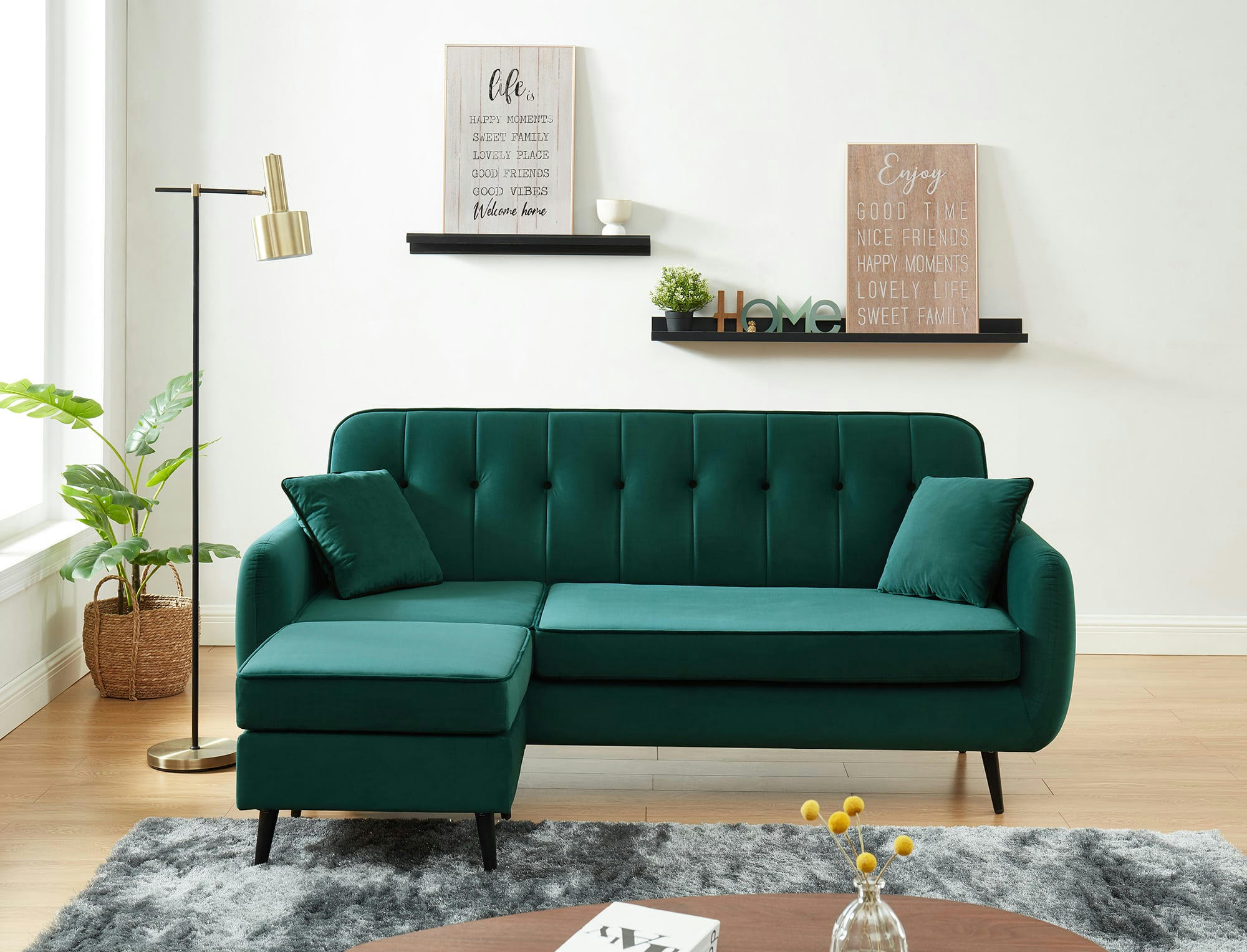 SWEETY - Canapé d'angle réversible en velours 4 places vert