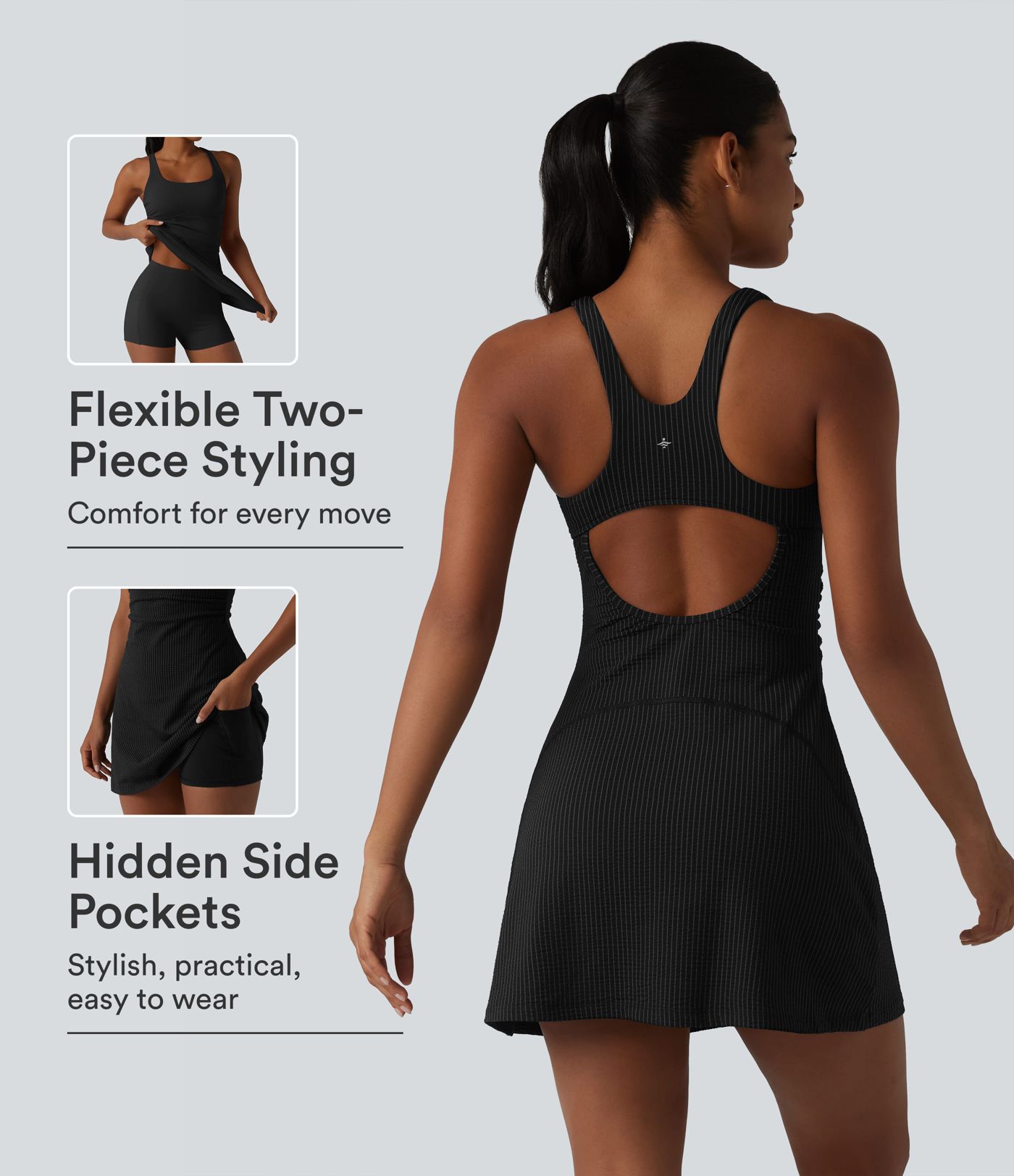Robe sport mini de tennis 2 pièces à col U, soutien-gorge intégré, rayures, séchage rapide et poches - UPF40