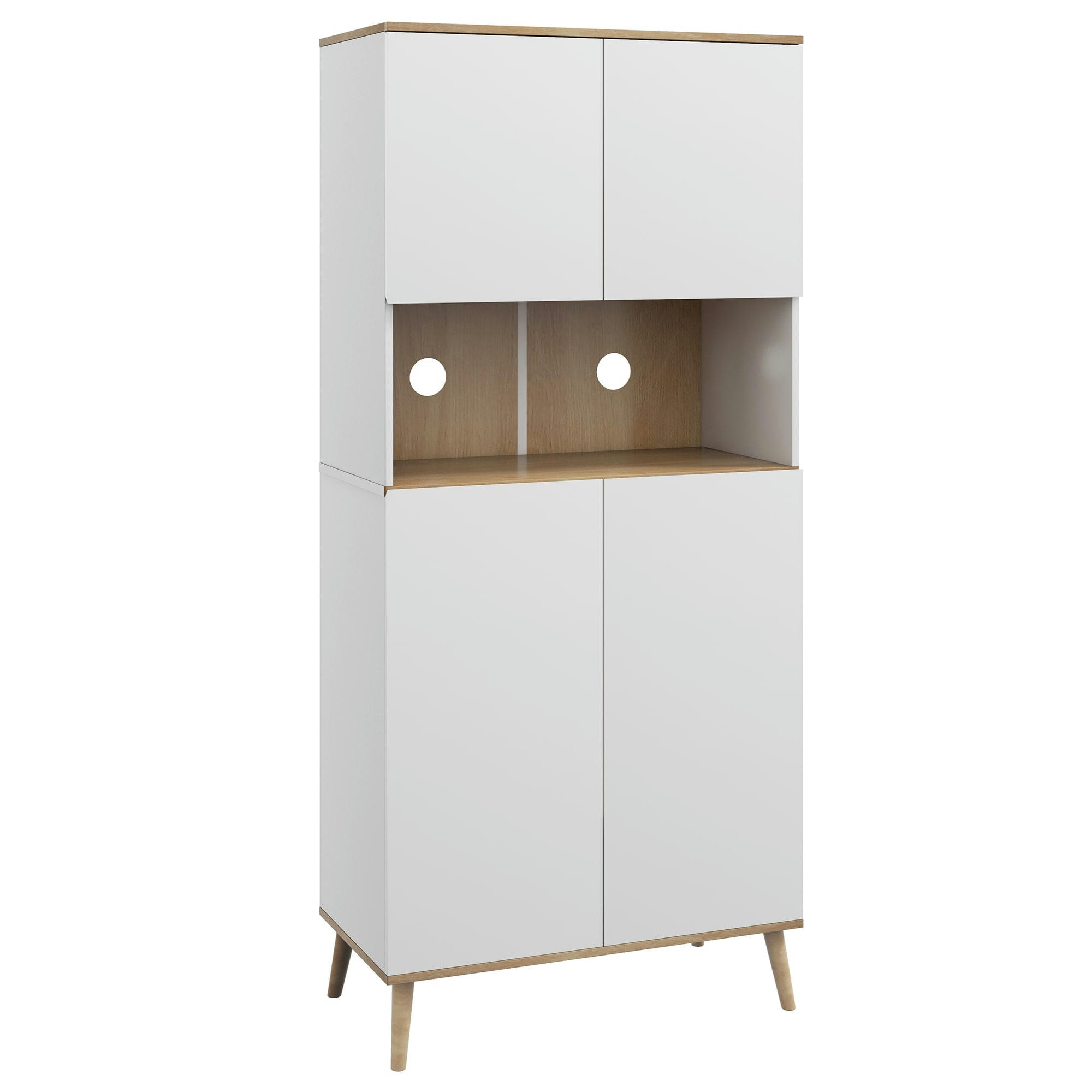 - Buffet haut 4 portes 3 étagères grande niche blanc aspect chêne clair