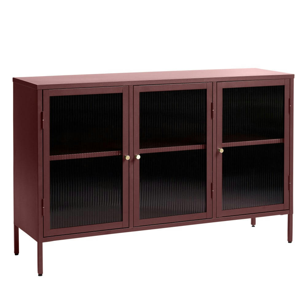 BJORN - Buffet 3 portes en verre strié et métal L132cm bordeaux