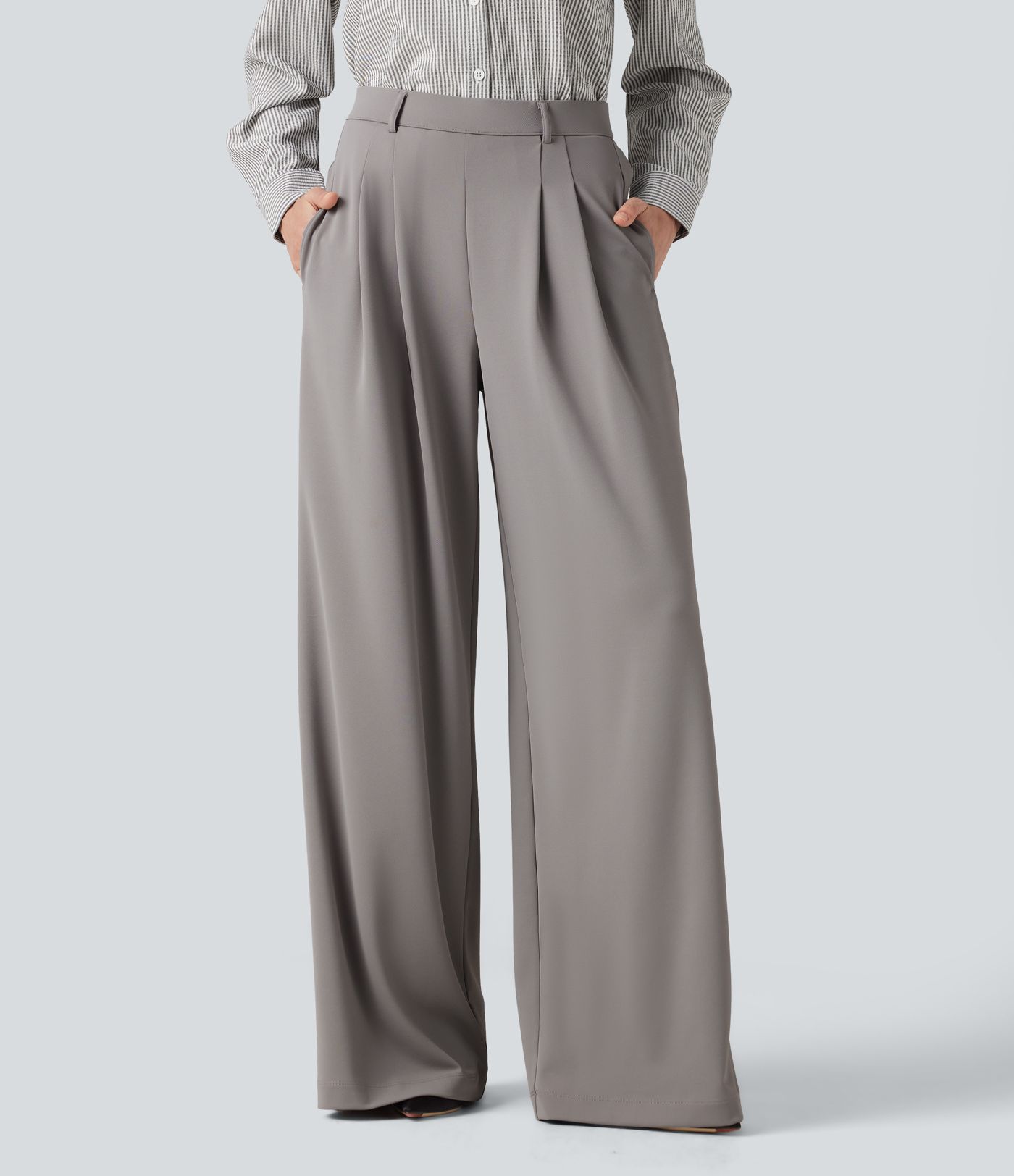 Pantalon de bureau baggy plissé taille haute avec poches