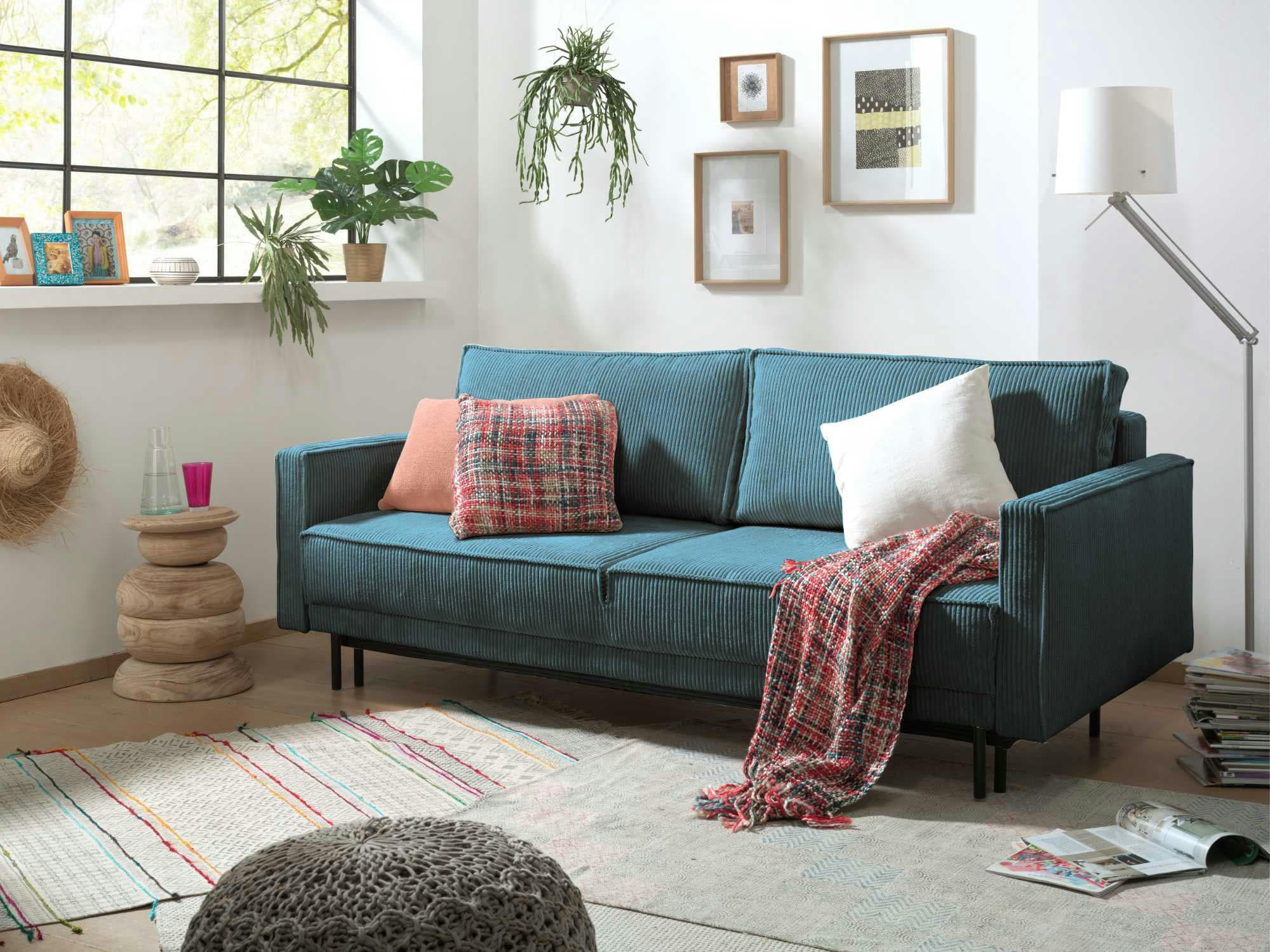 CHARLIE - Canapé droit convertible 3 places en velours côtelé bleu canard