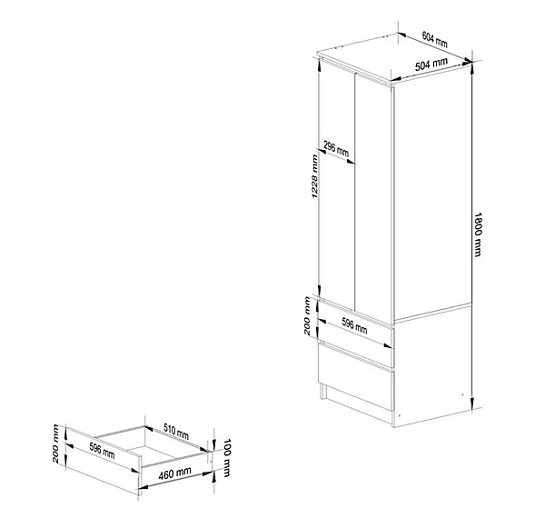 Armoire : 2 portes,2 tiroirs, 60 x 180 x 51 cm, chêne sonoma, blanc