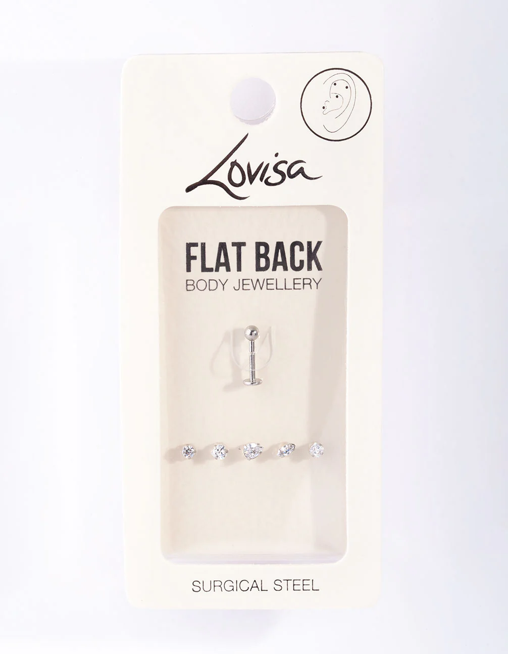 Surgical Steel Single Flat Back Bar & Cubic Zirconia Interchangeable Ends 6-Pack