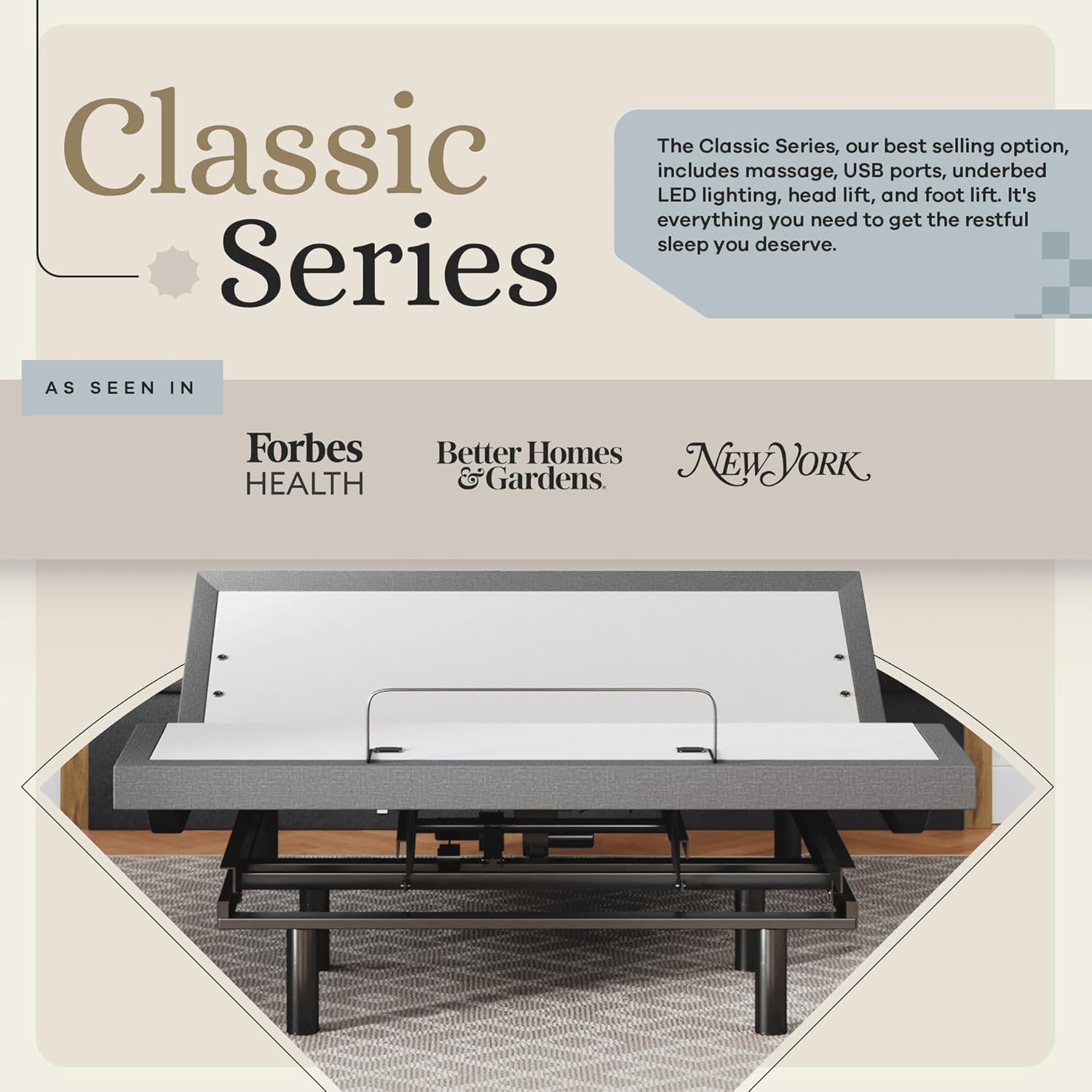 Sven & Son Classic Adjustable Bed Base, Head and Foot Lift, Massage, Under-Bed Lights, USB, Memory, Zero Gravity Smart Frame - Queen