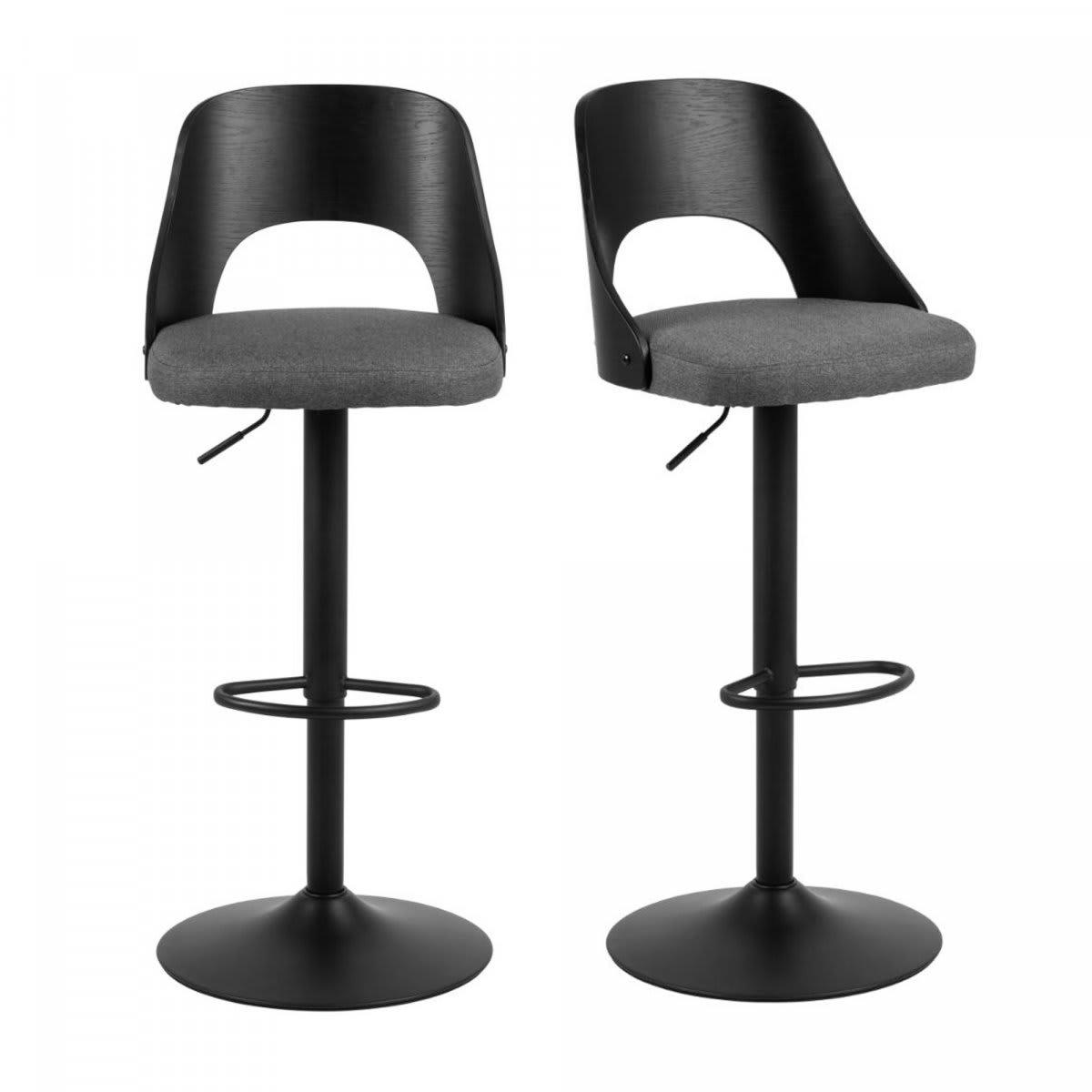 BOB - Lot de 2 tabourets de bar en bois et tissu noir