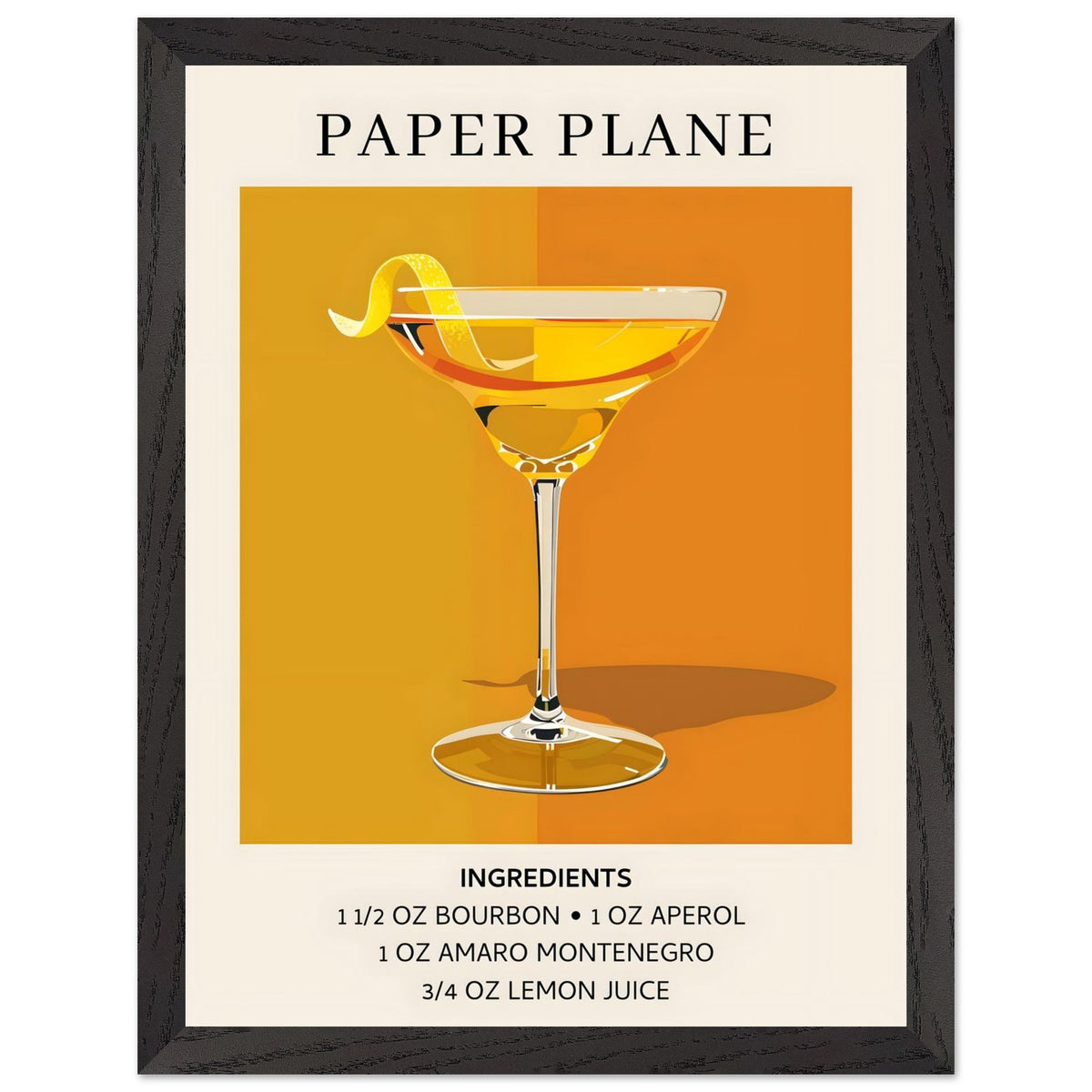 Artfulprints Poster met Lijst Paper Plane cocktail - Ingredients  - 30x40 cm - Oranje