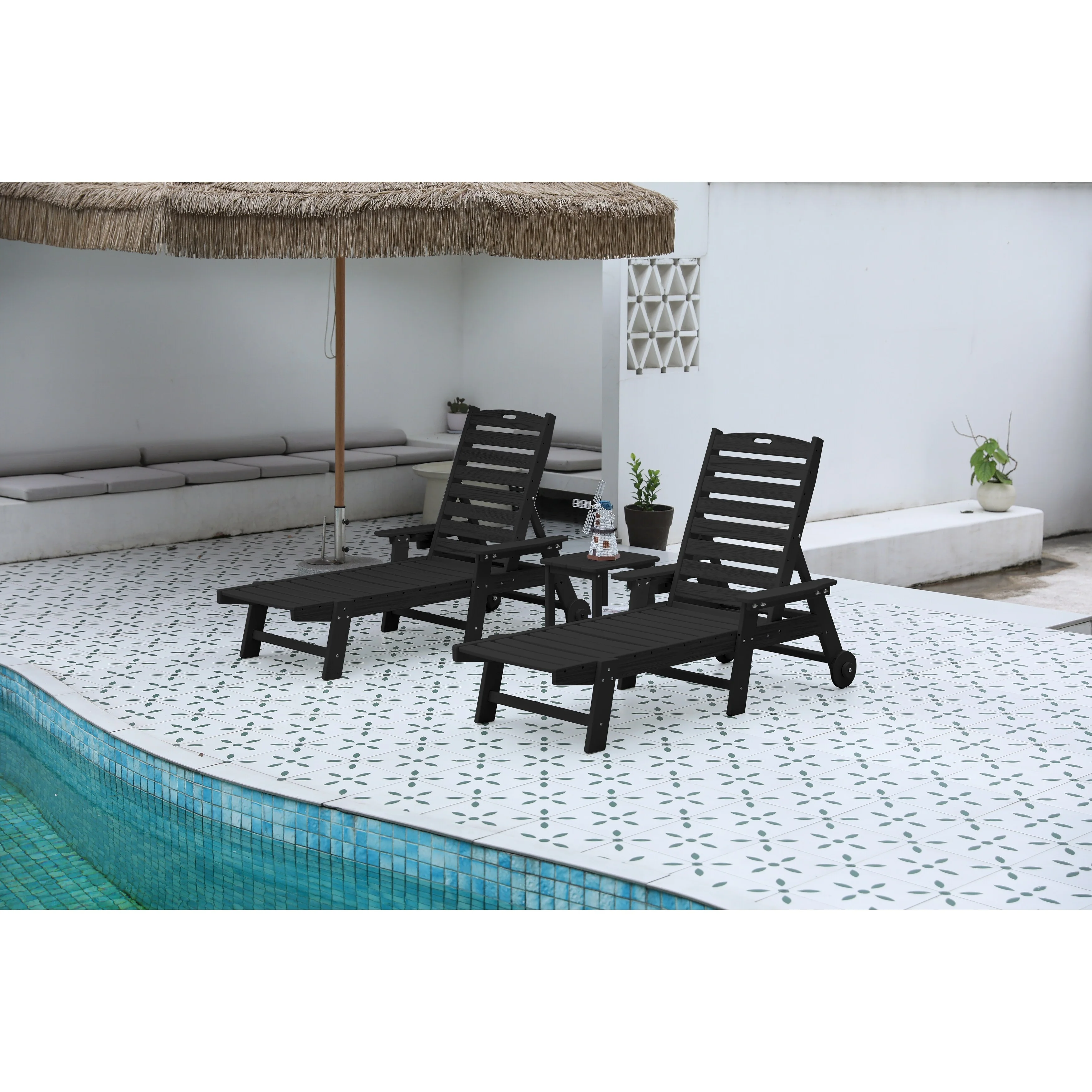 3-Piece Oversized Chaise Lounge Chair Set, All Weather Patio Lounge Chair with 5 Positions, Wheels & Cup Holder