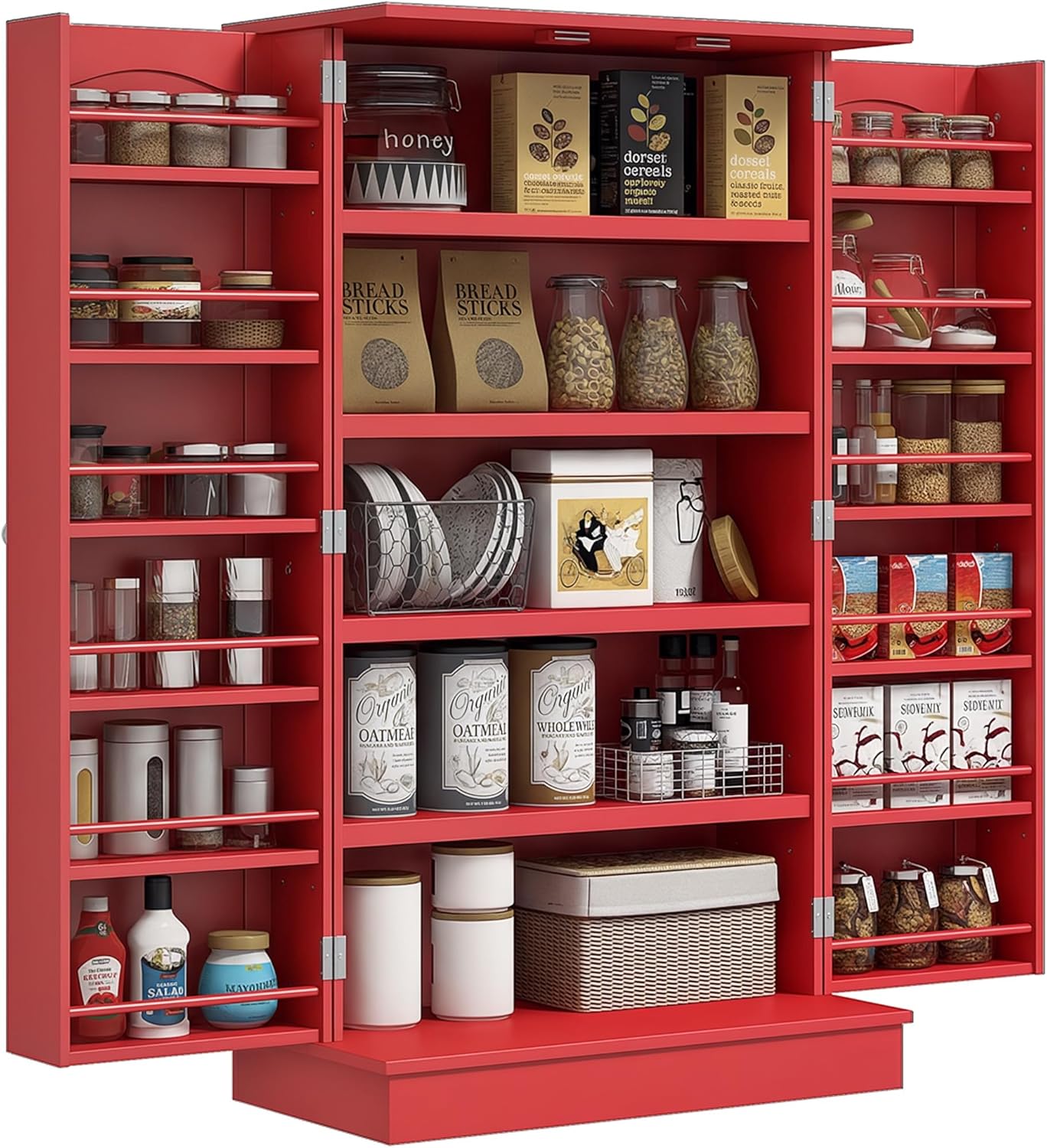 HOMCOM 41 Kitchen Pantry Storage Cabinet, Freestanding Kitchen Cabinet with 12 Door Shelves, Double Doors, 5-Tier Shelving and Adjustable Shelves, Red