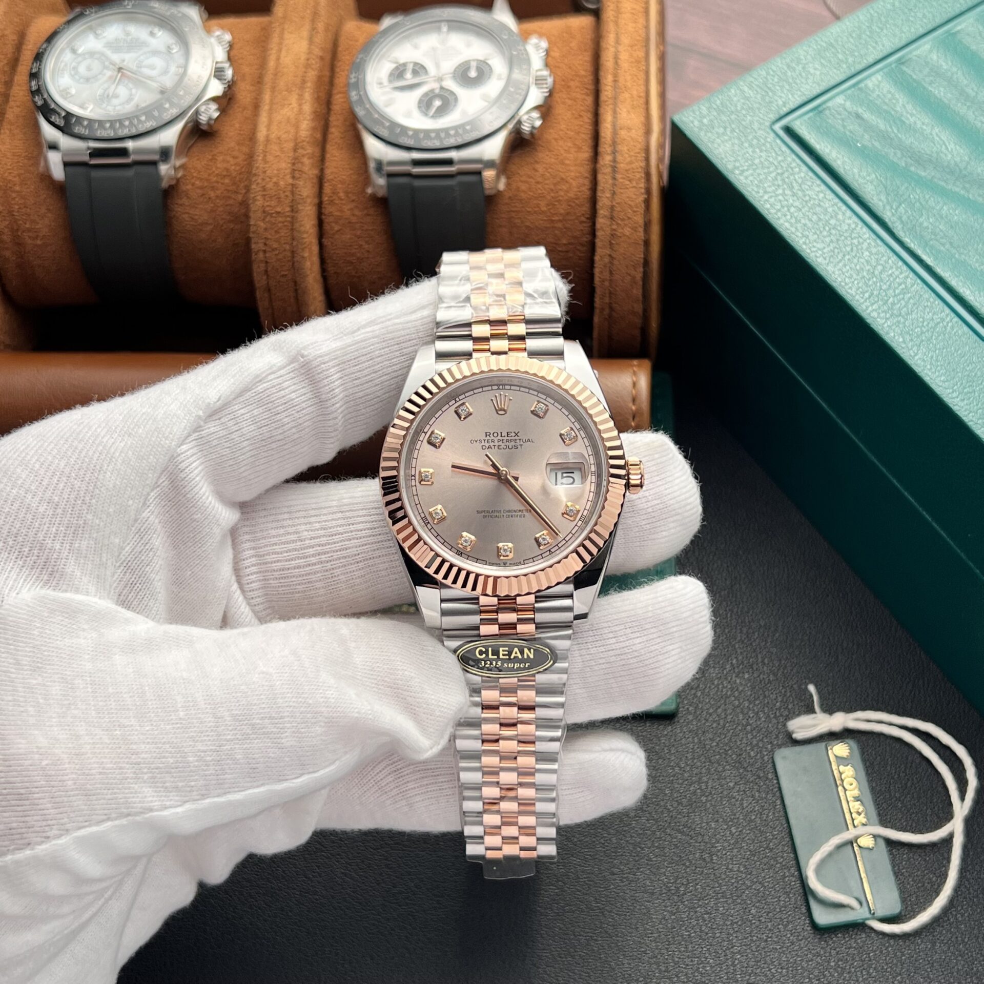Rolex Datejust 126331 SS/RG Plated Pink Dial CZ Diamonds 41mm Jub Super Clone