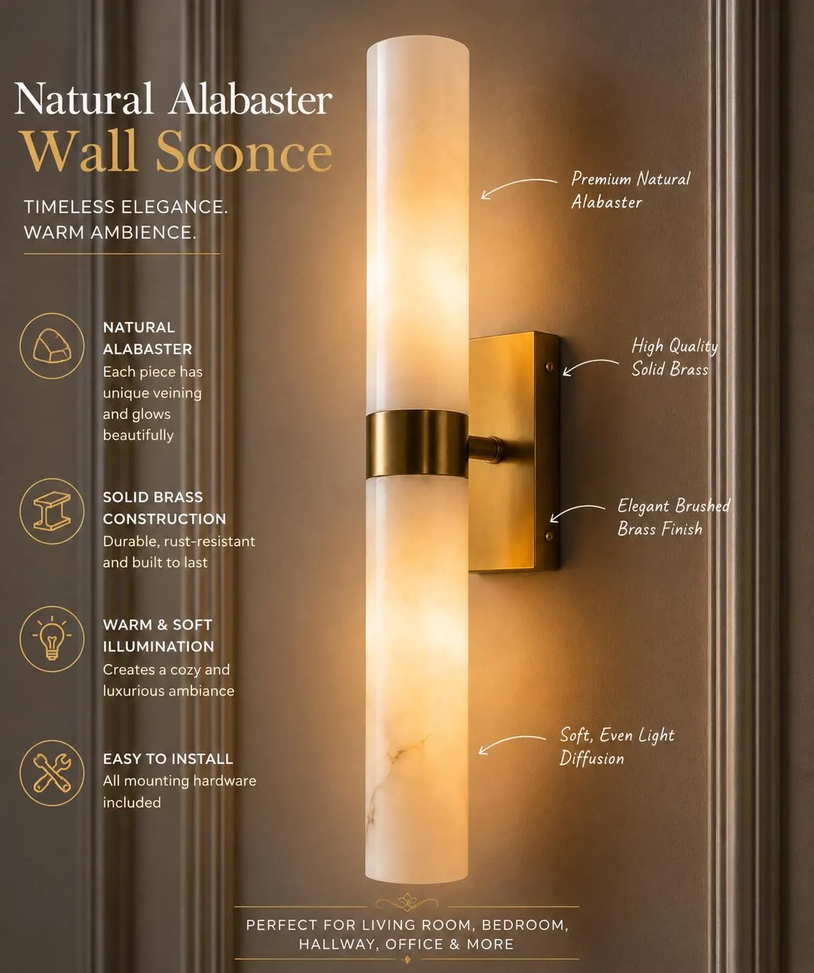 Natural Alabaster Wall Sconce | Handmade Brass Vertical Light | Modern Luxury Wall Lamp | Bedroom Living Room Hallway Lighting