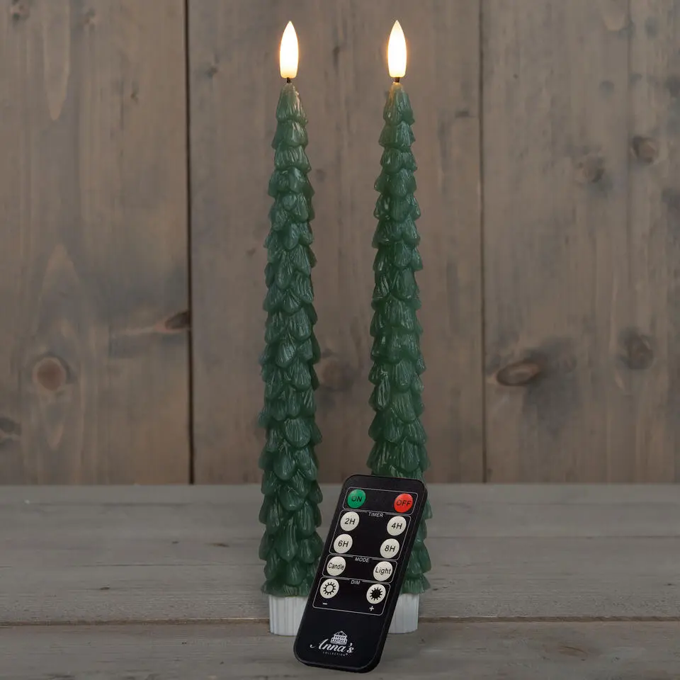 Anna's Collection LED kerstboom dinerkaarsen - 2x - groen - 27 cm