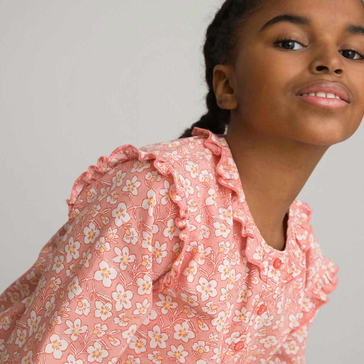 Blouse manches longues à volants, imprimé fleurs