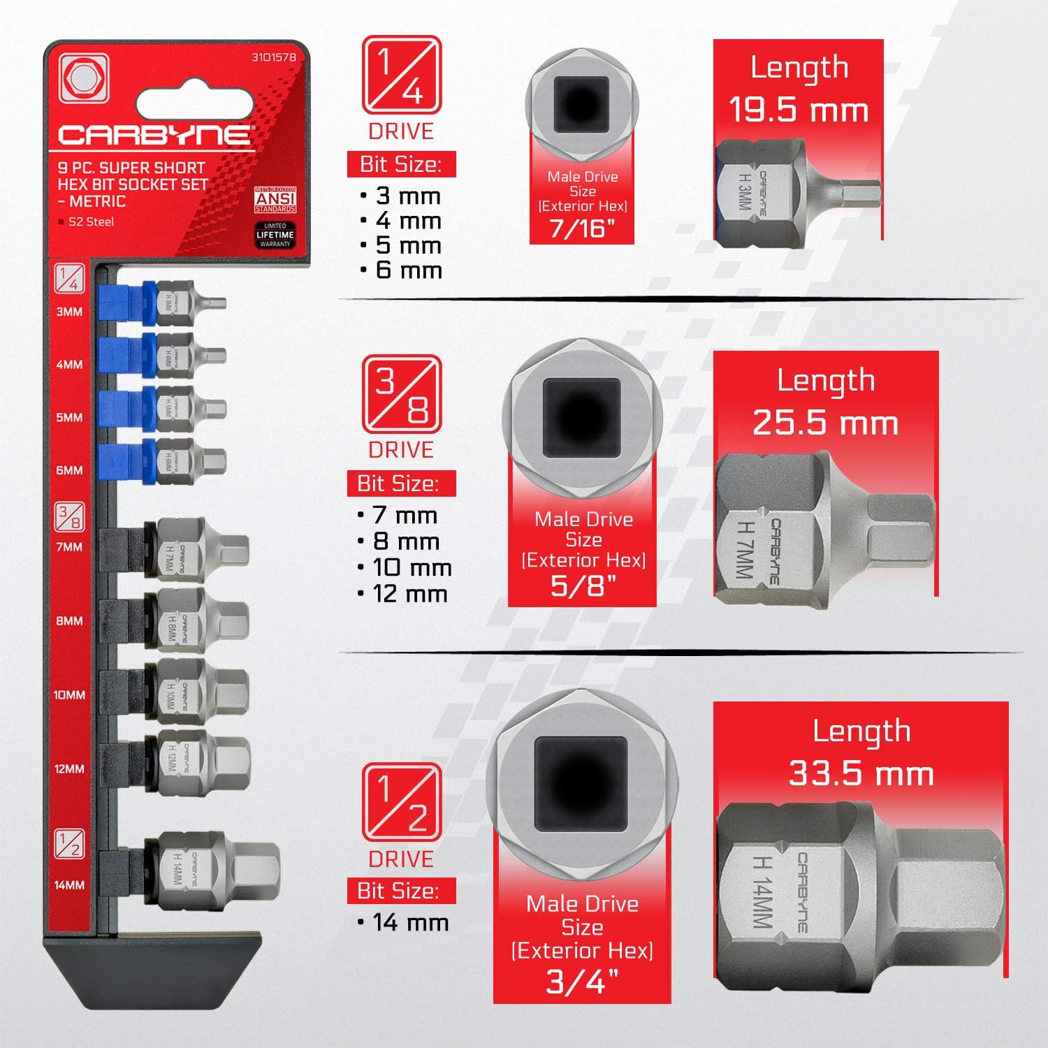CARBYNE 9-Piece Stubby Low Profile Hex Bit Socket Set Metric, S2 Steel, 3mm to 14mm Super Short Allen Sockets with Dual Drive Internal Square and External Hex for Tight Confined Spaces