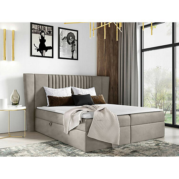Lit continental Baltimore 184, Double, Brun clair, Tissu, Disponible