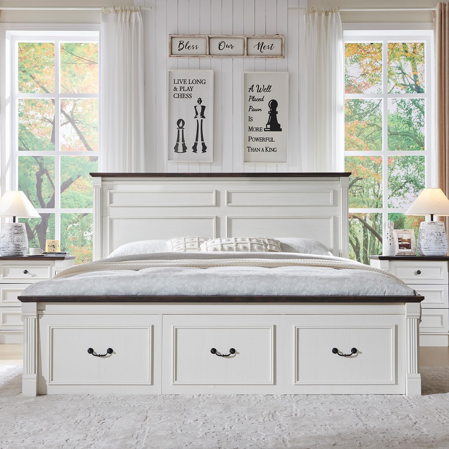26 Tall Farmhouse Nightstand Set of 2, 3 Drawers End Table w/Charging Station, 23.6 Wide Large Side Table w/Roman Column, Wood Rustic Sofa Table for Bedroom, White