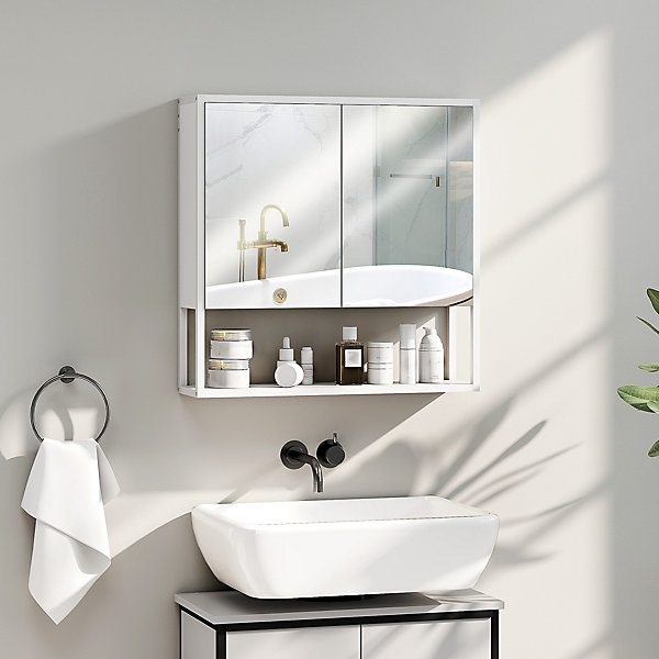 Armoire murale miroir salle de bain 2 portes étagère niche 60 x 16 x 60 cm blanc