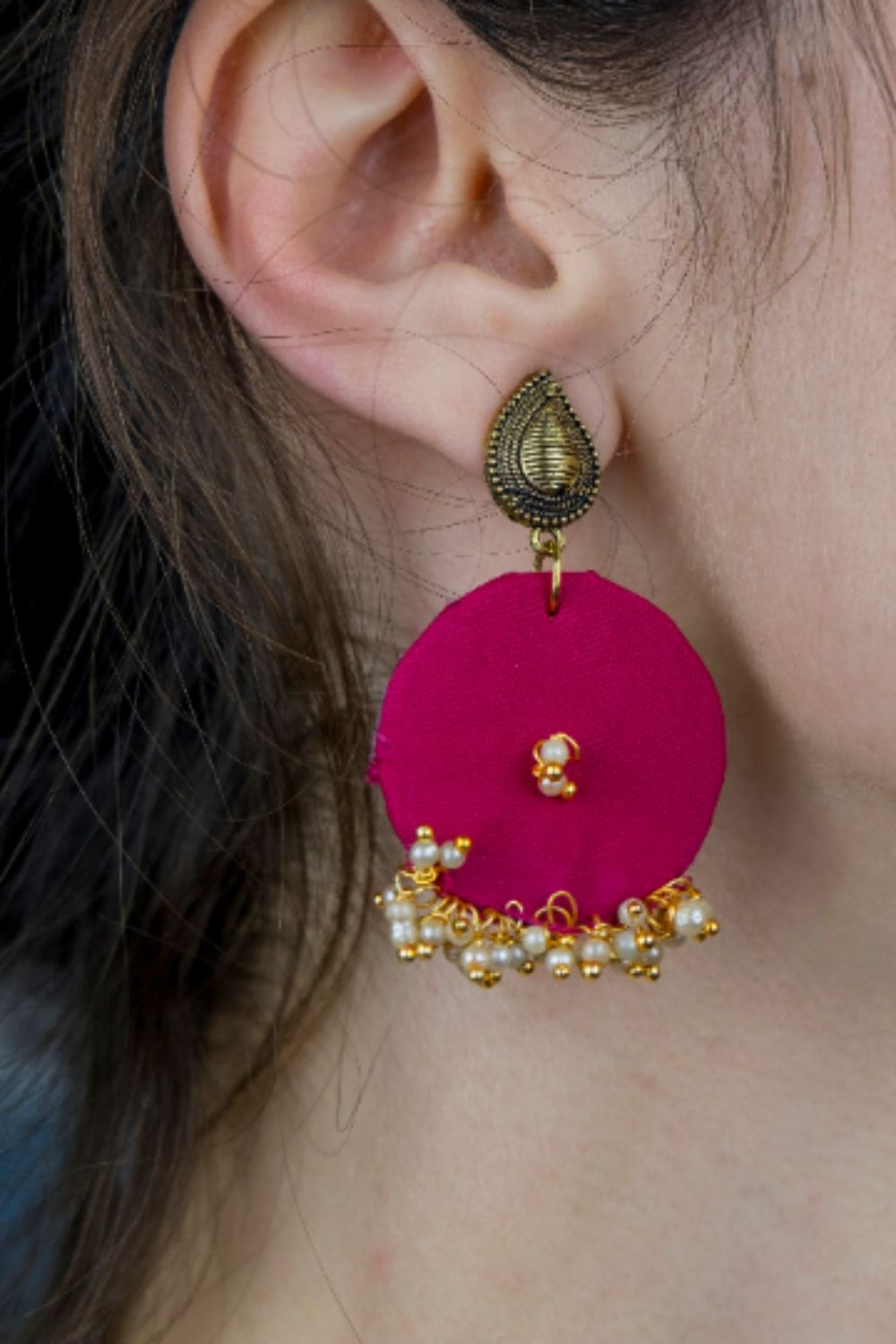 The Colourful Aura Blue Handmade Poth White Pearl Fabric Earrings