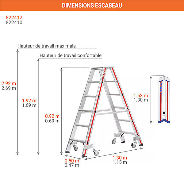 Escabeau double roulant 2x5 marches - Hauteur max. de travail 2,65m - 822410