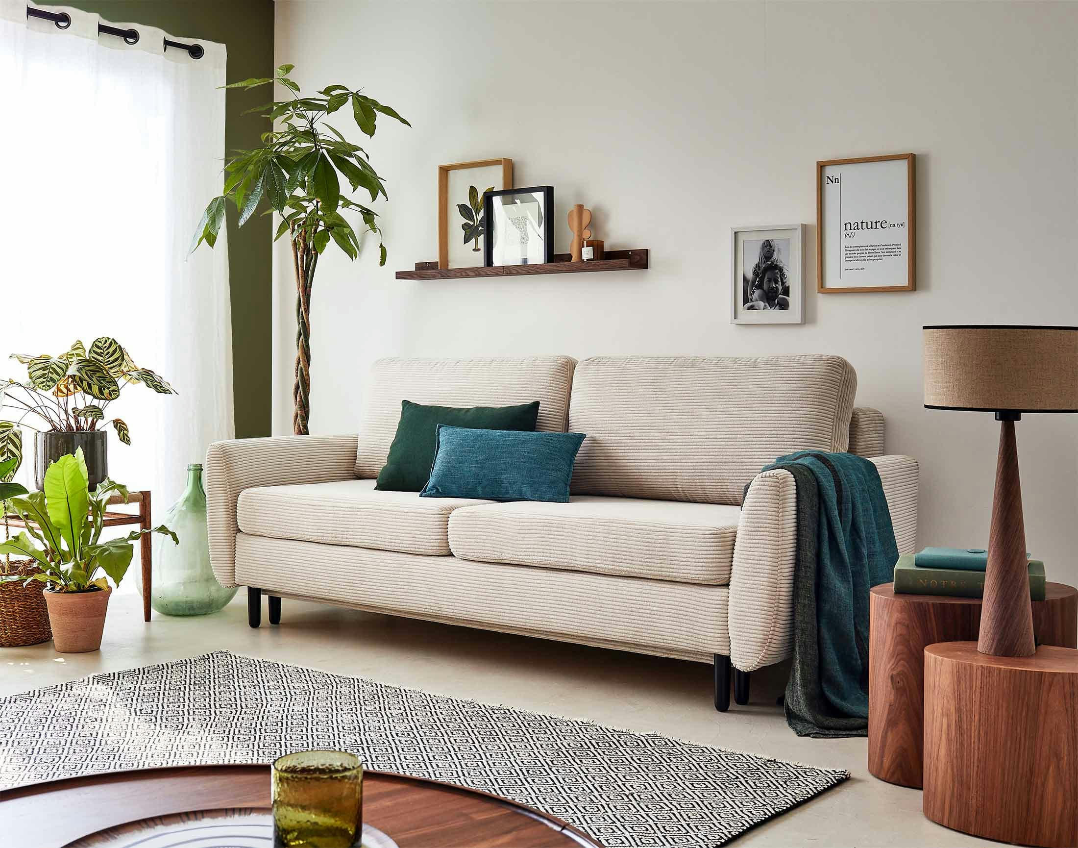 DAN - Canapé droit convertible 3 places en velours côtelé beige