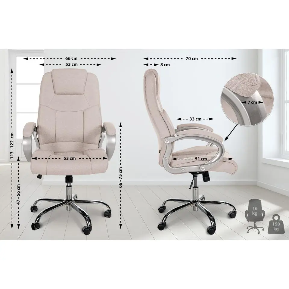 CLP Bureaustoel XL Apoll chroom Frame - Stof - creme