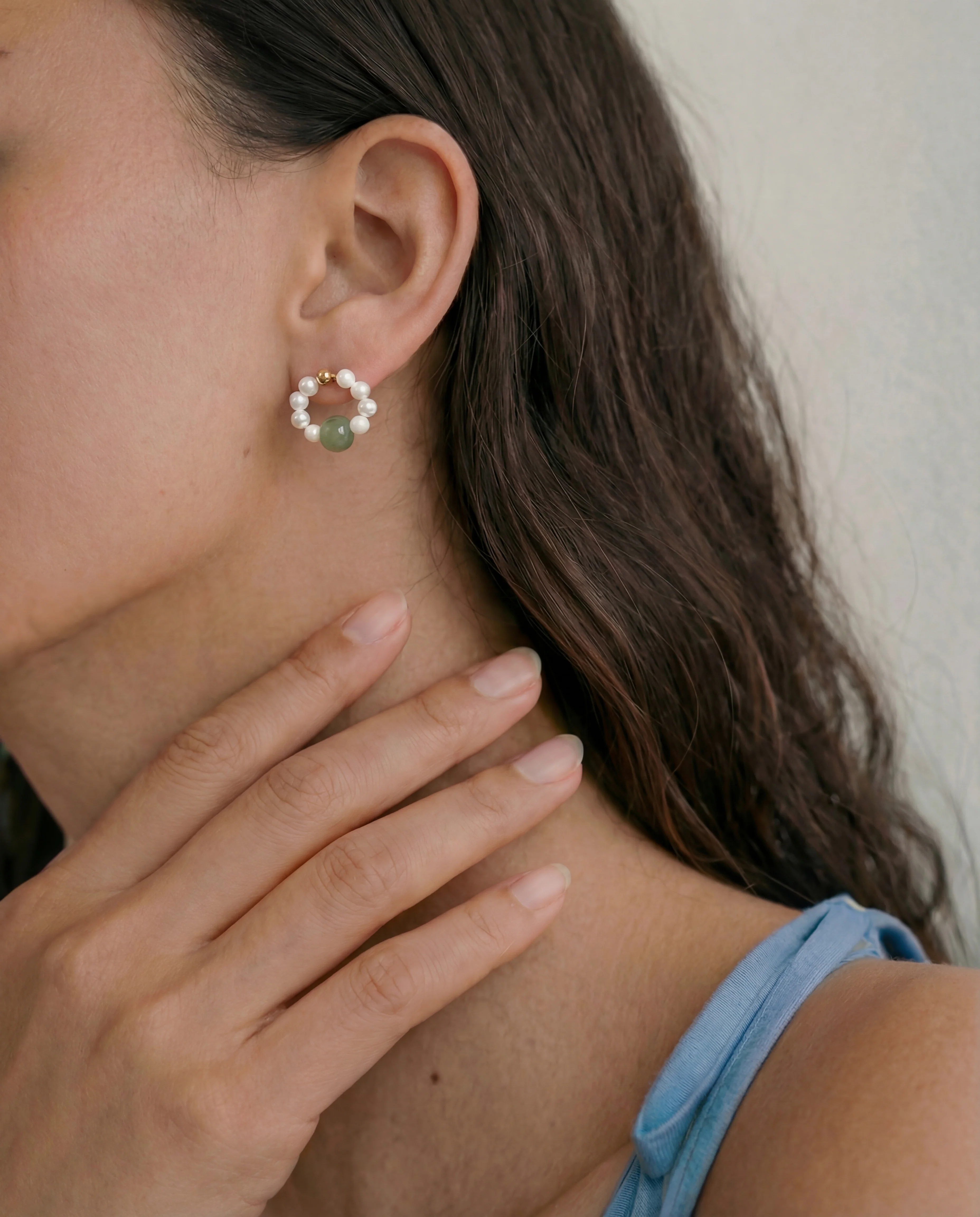 Isa — Beaded Pearl Jade Hoop Earrings