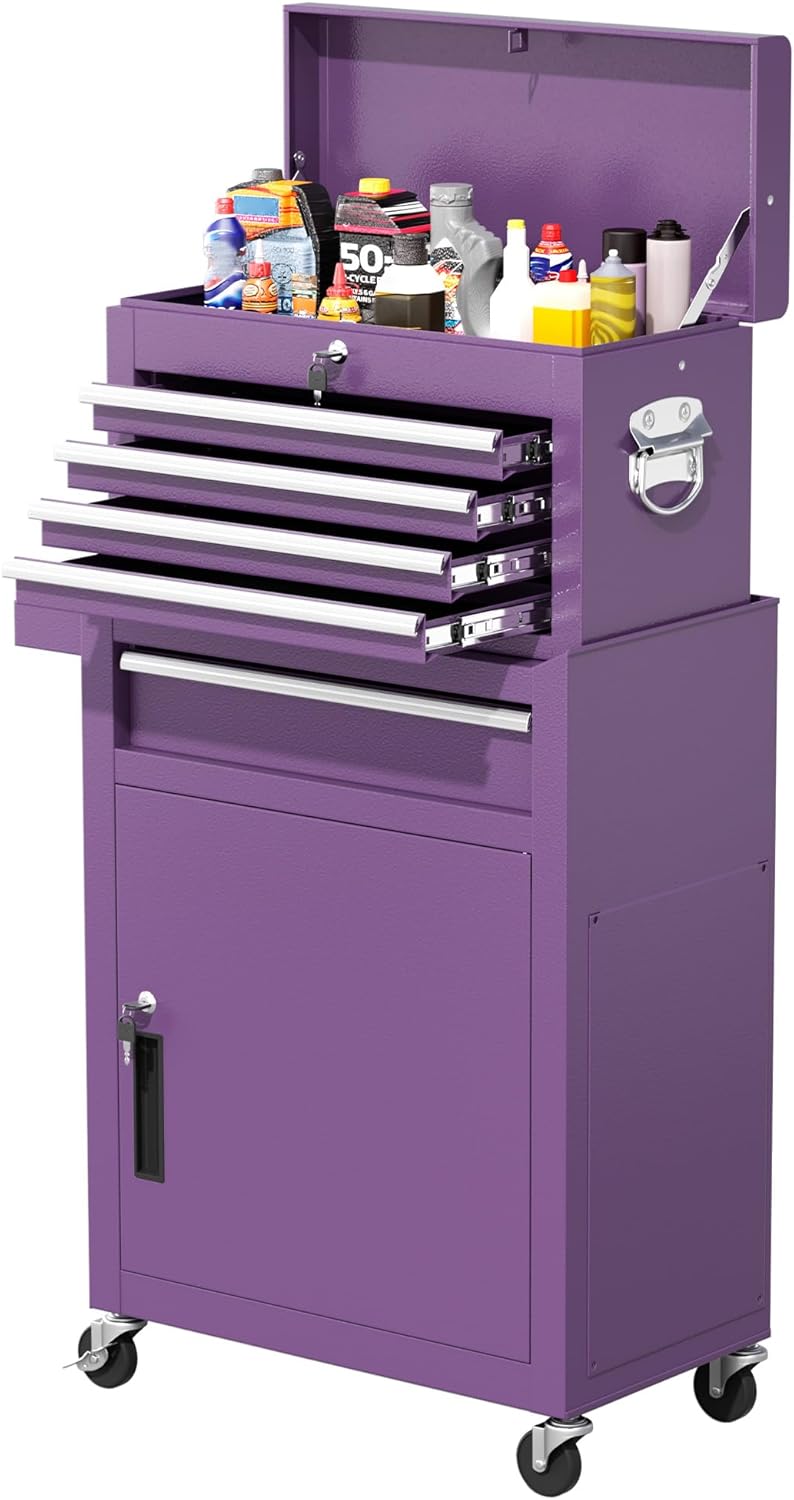 Greenvelly Tool Chest, 5-Drawer Rolling Tool Chest with Hooks and Lockable Wheels, Detachable Top Tool Box, Toolbox with Wheels, Rolling Tool Box for Mechanics Garage Workshop and Tool Room (Purple)