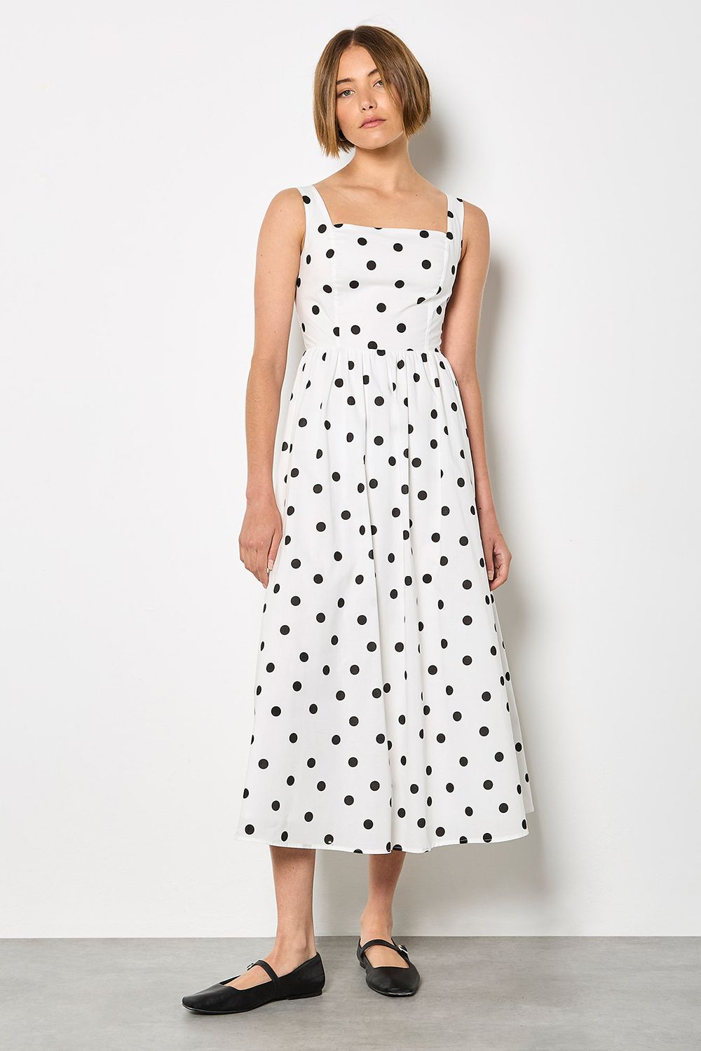 Apricot Polka Dot Smocked Midi Dress