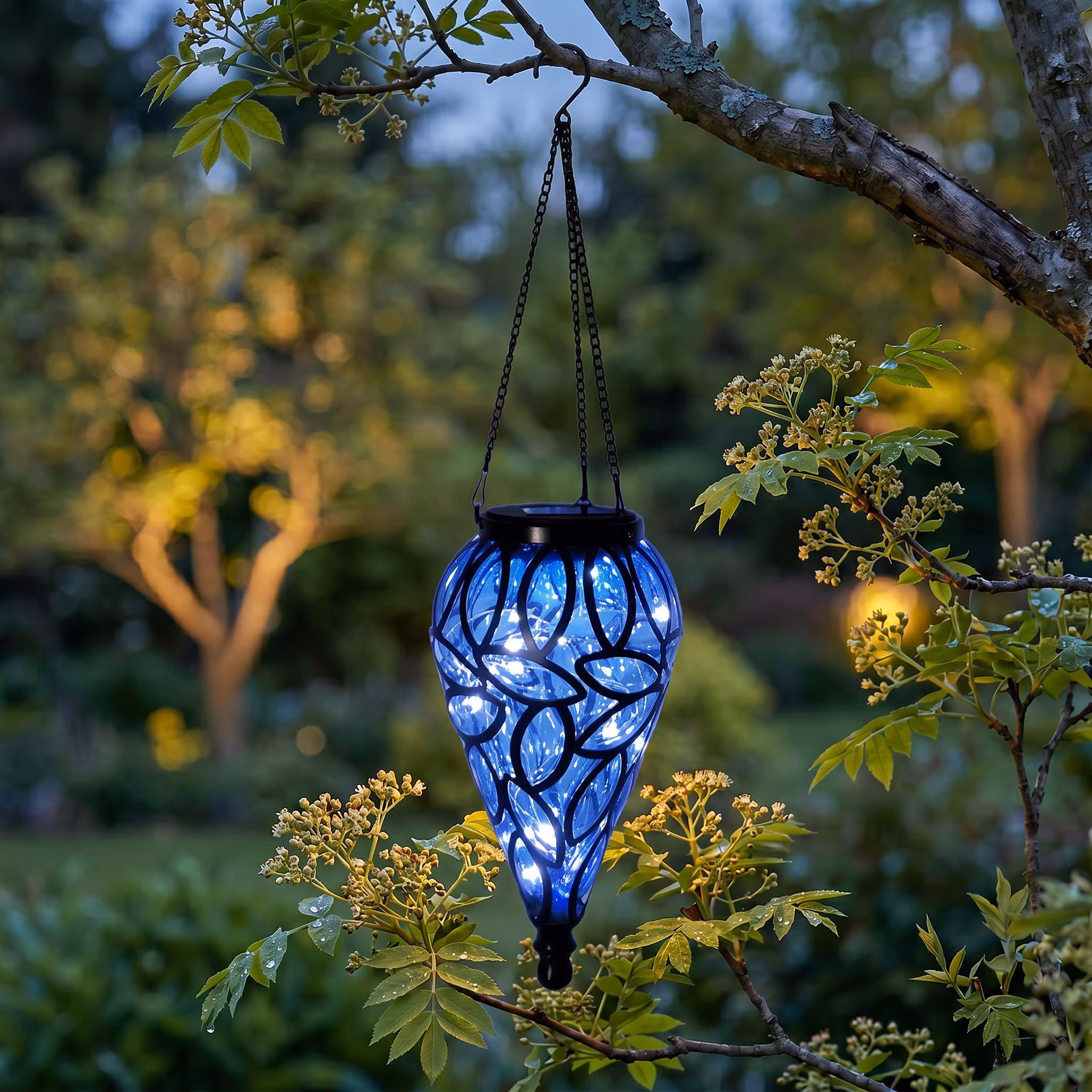 Hanging Solar Lantern,Outdoor Garden Decoration,Moroccan Style Blue Waterproof Light,Pathway Decor with Hook,Unique Garden Lovers Gift