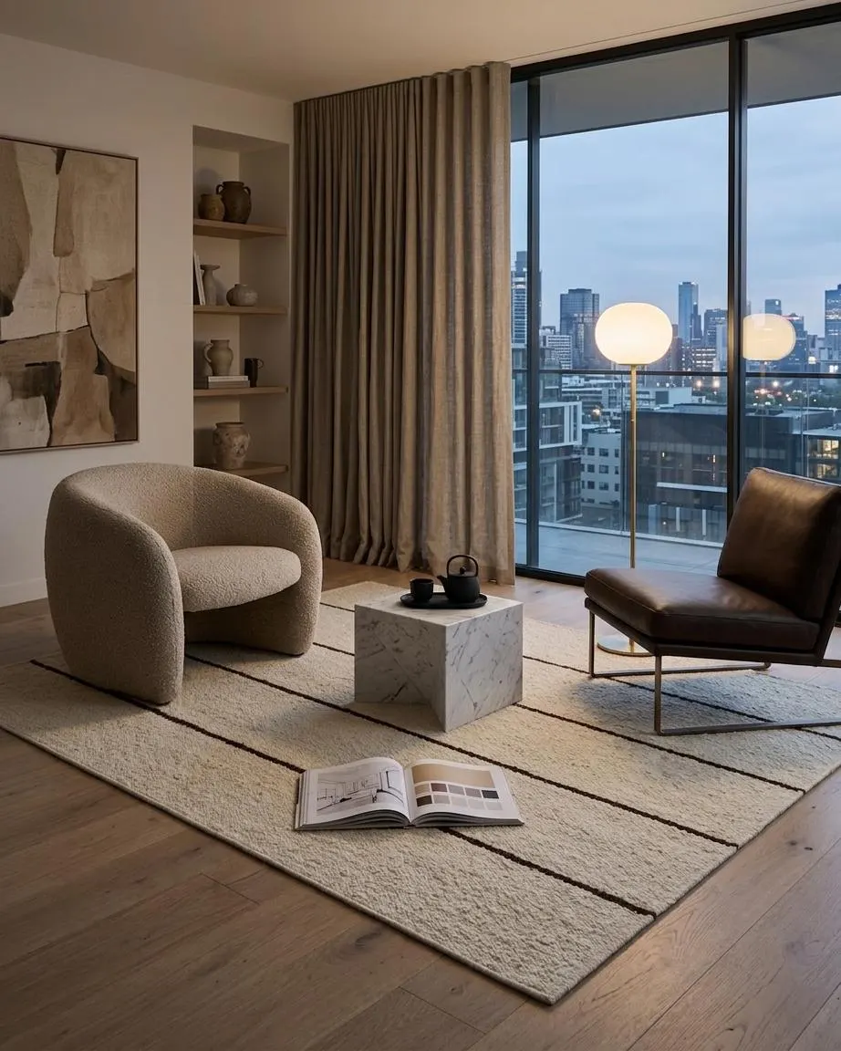 Handwoven Ivory & Brown: Dune Stria Japandi Scandinavian Modern Minimalist Design