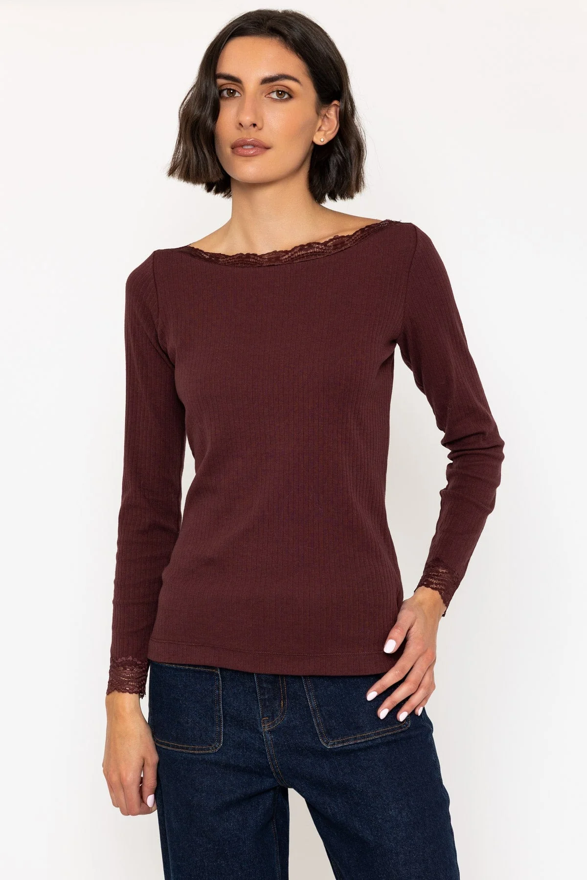 Brown Long Sleeve Lace Neck Ribbed Top