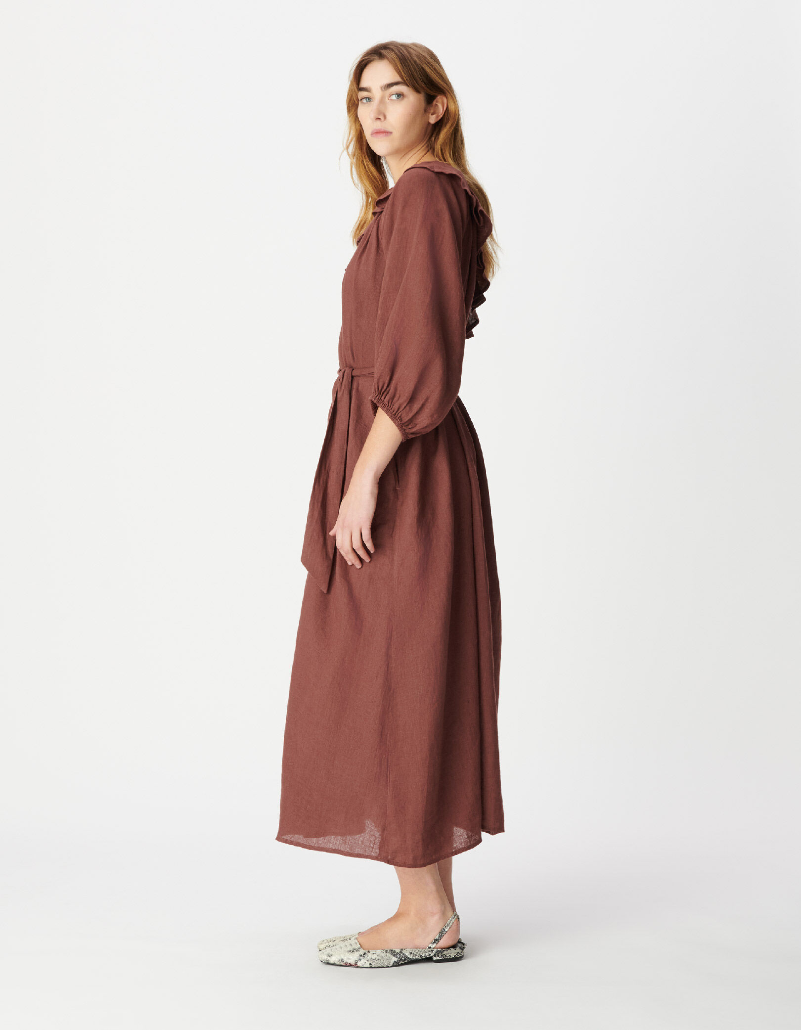 Robe midi asymétrique magnum lin à volant Femme