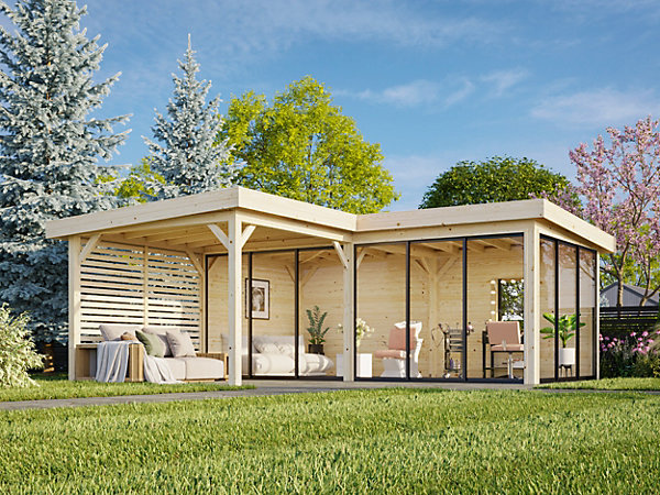 Abri de jardin Palmako Lenna 414 en bois naturel ép.28 mm et pergola 9.8m² 31,5m²