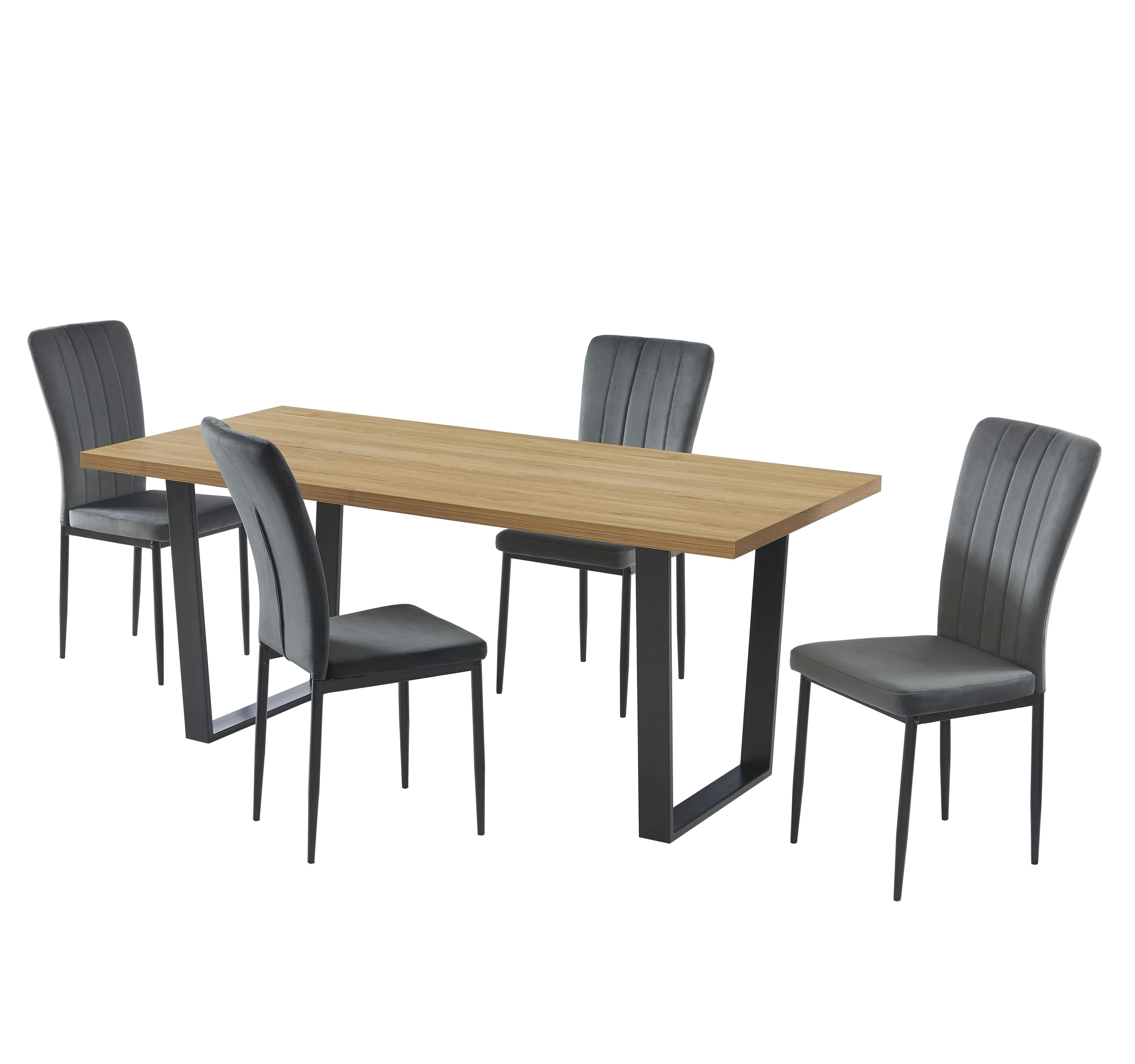 FELIX - Ensemble repas  effet chêne et velours gris 4 chaises