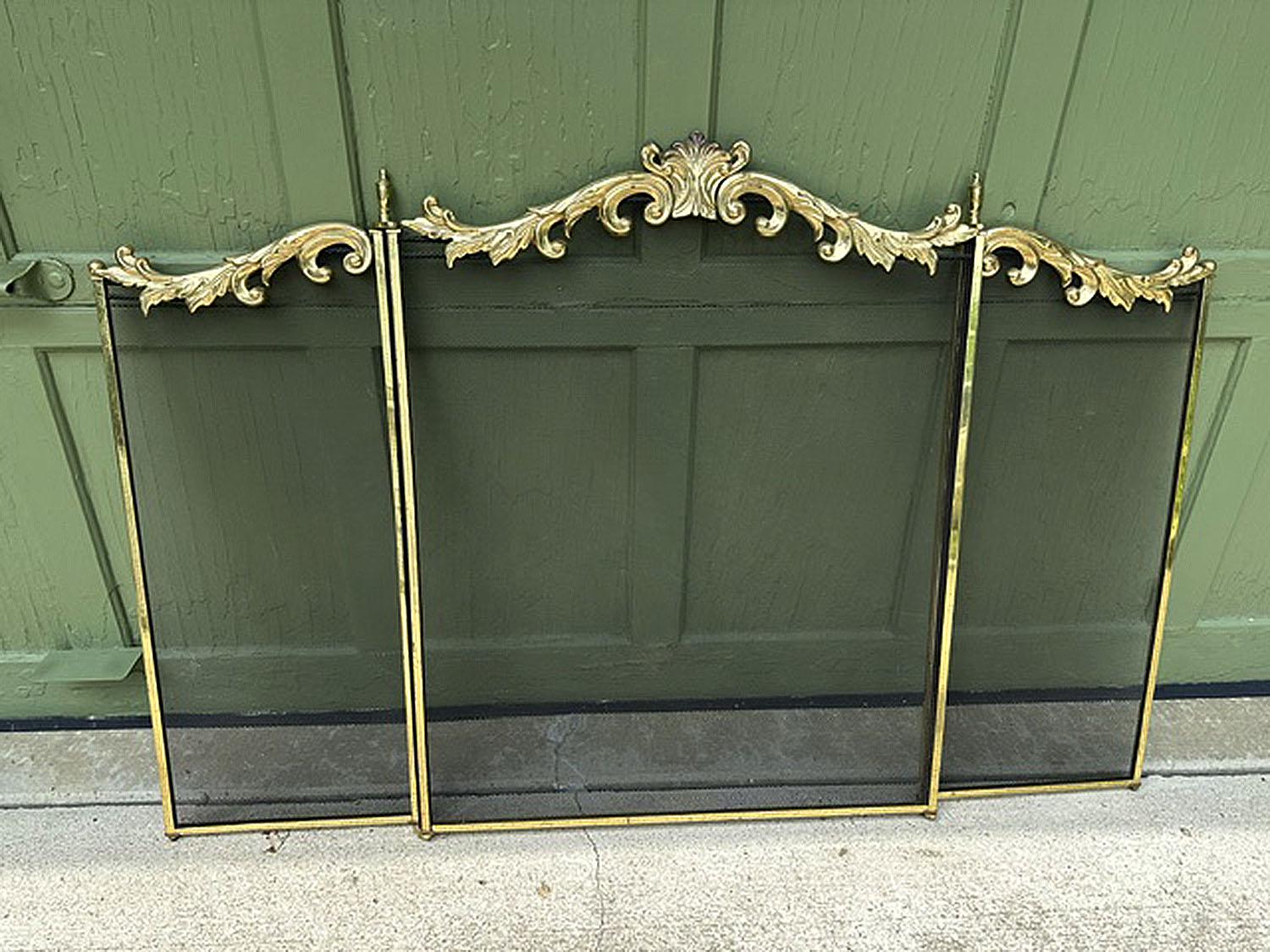 Vintage Mid Century Mesh with Brass French Design, Finials Folding Hearth Screen 3 Panel