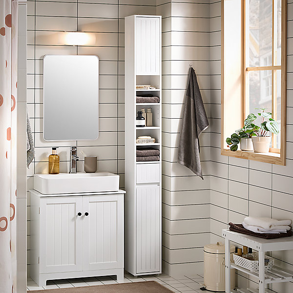 Meuble Colonne Salle de Bain,1 Tiroir,2 Portes,5 Compartiments,étagères Réglables BZR160-W