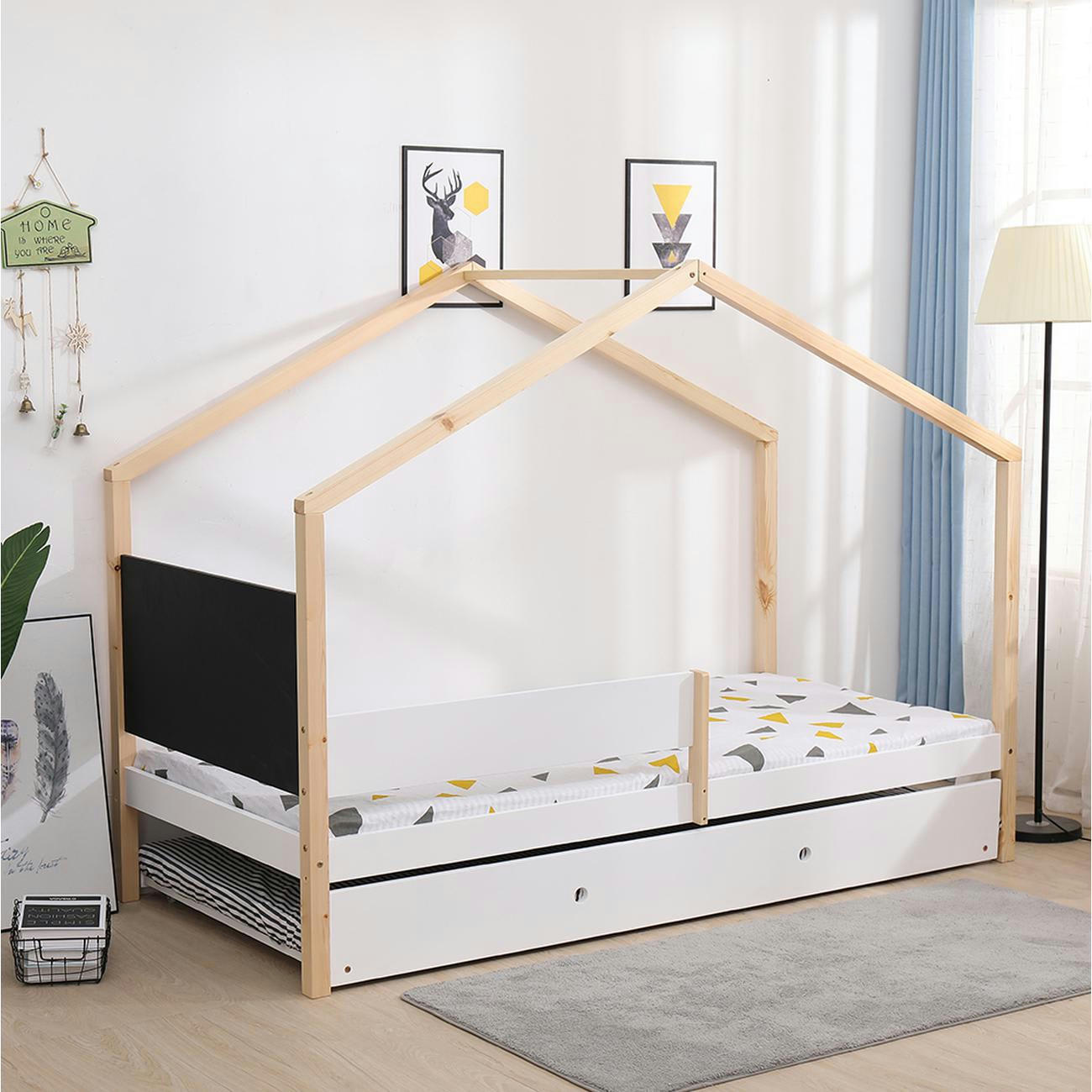 WOODY - Lit enfant gigogne pin naturel blanc sommier 190x90cm