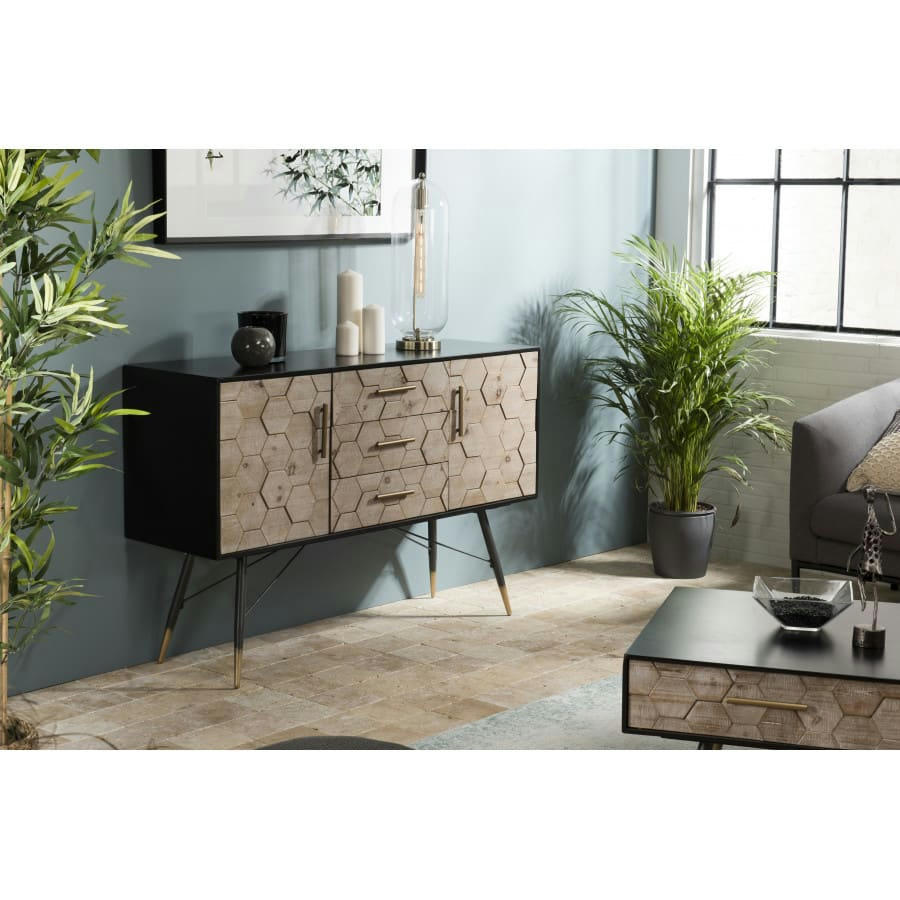 DALIE - Buffet 2 portes 3 tiroirs bois sapin marqueté pieds métal