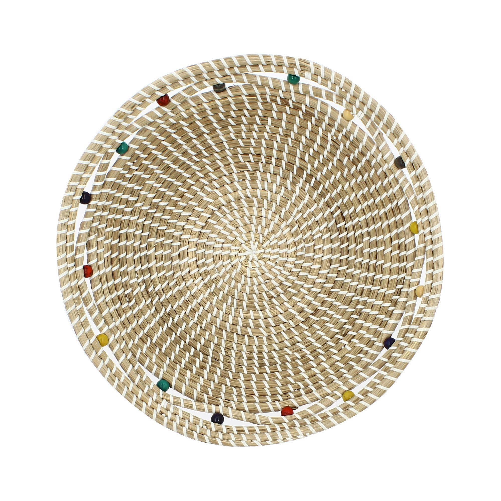 MILOS - Corbeille ronde en jonc de mer et perles de bois Ø37cm