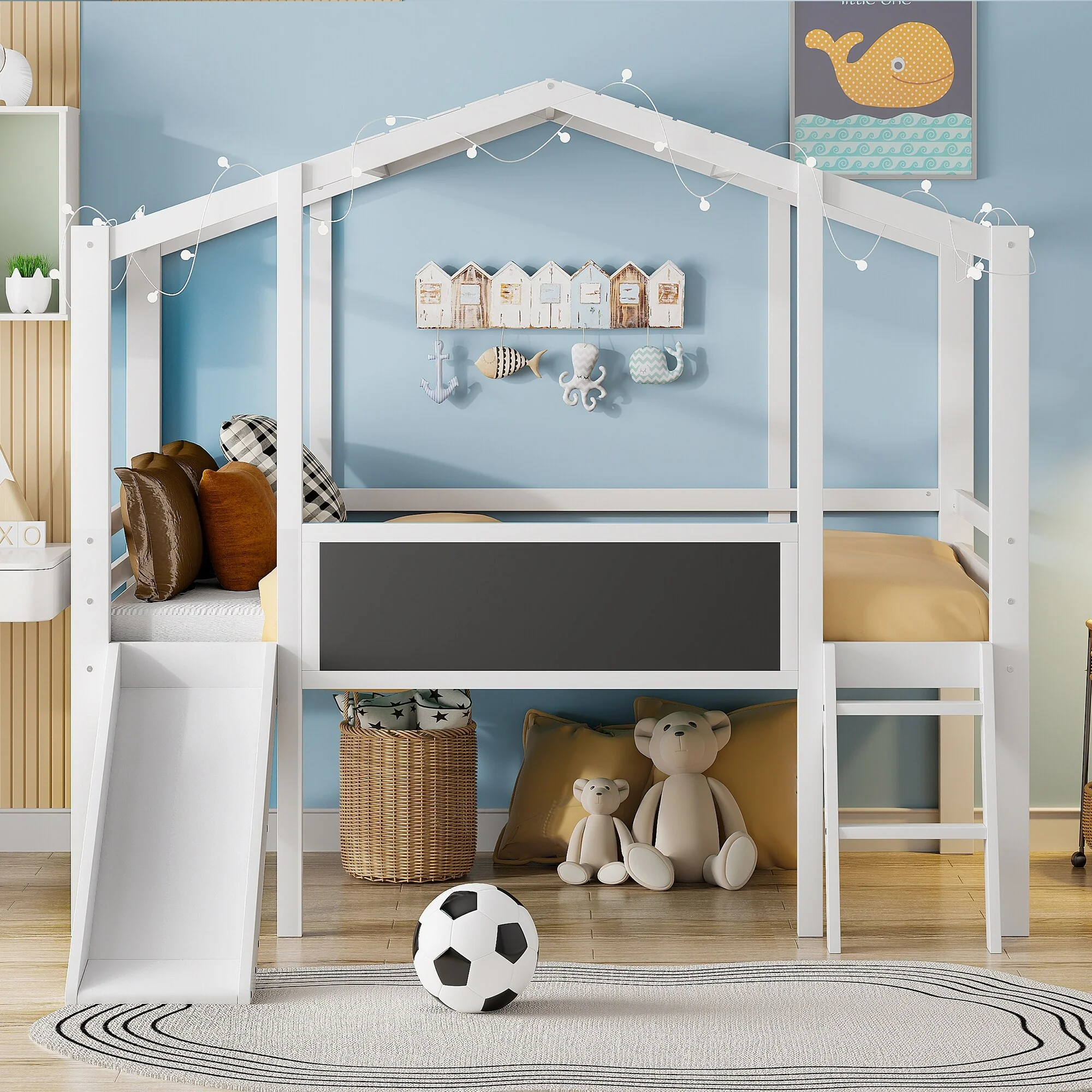 White Twin Solid Wood Loft Bed with Slide & Blackboard