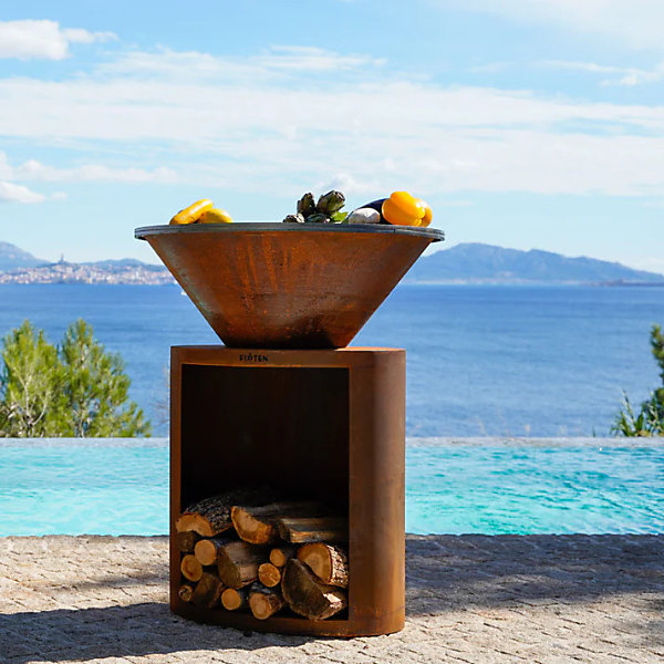 Brasero en acier corten ellipse diamètre 80 cm avec plaque de cuisson - FIRTEN