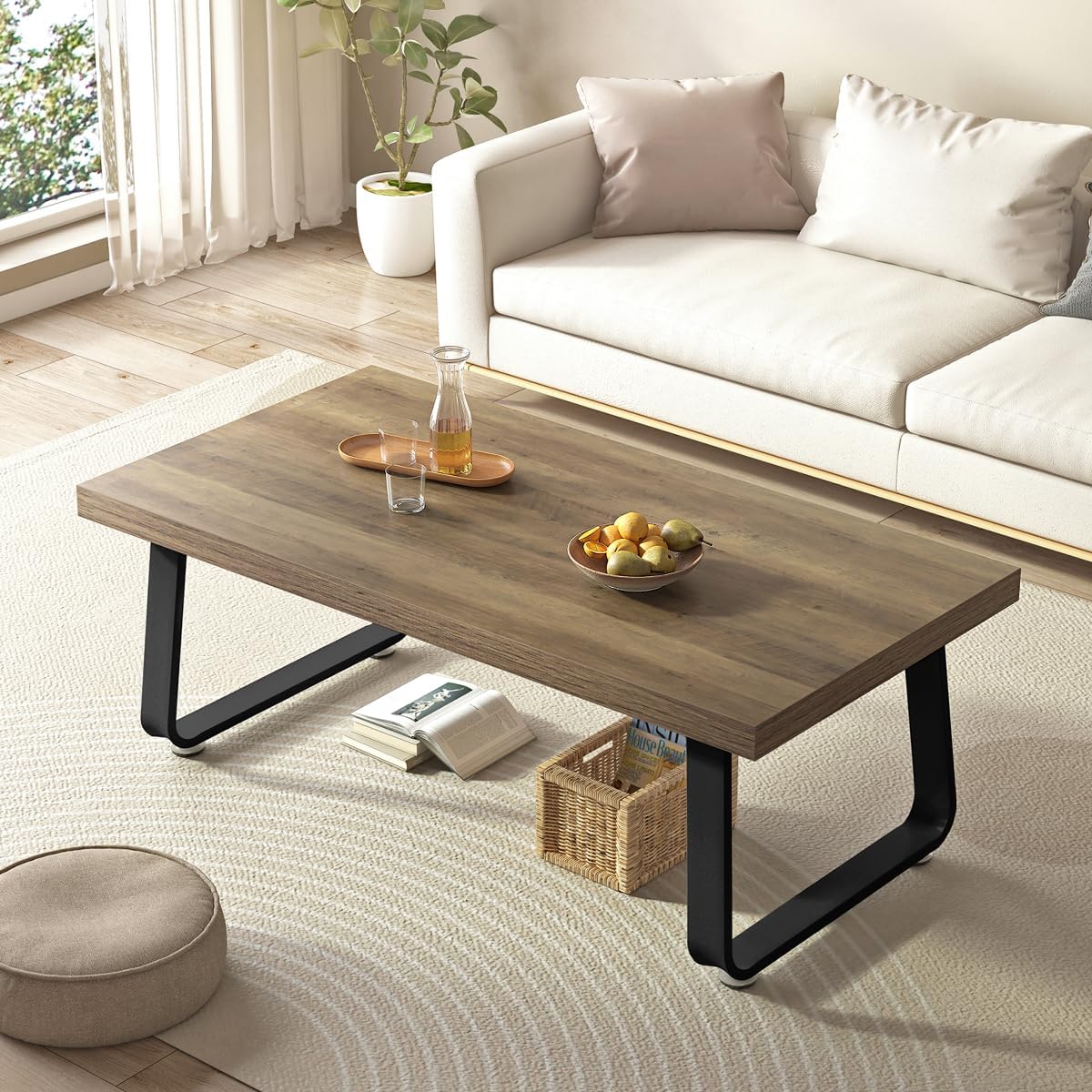 HSH 47 Rustic Industrial Coffee Table - Farmhouse Modern Minimalist Center Table with Wood & Metal Legs,Cocktail Table for Living Room, Bedroom, Home Office, Rustic Oak