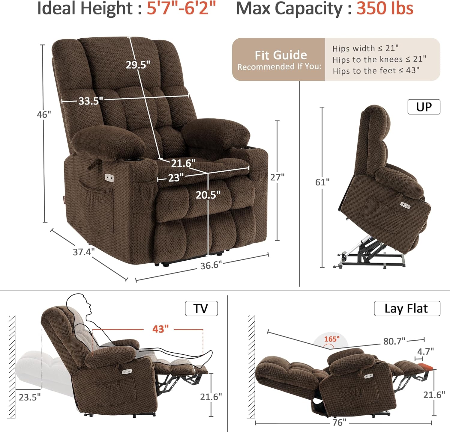 MCombo Dual Motor Large Power Lift Recliner Chair for Elderly, Lay Flat Lift Chair with Heat and Massage, Big Lift Recliner for Tall People, Cup Holders, Fabric 7896 (Large, Mocha)