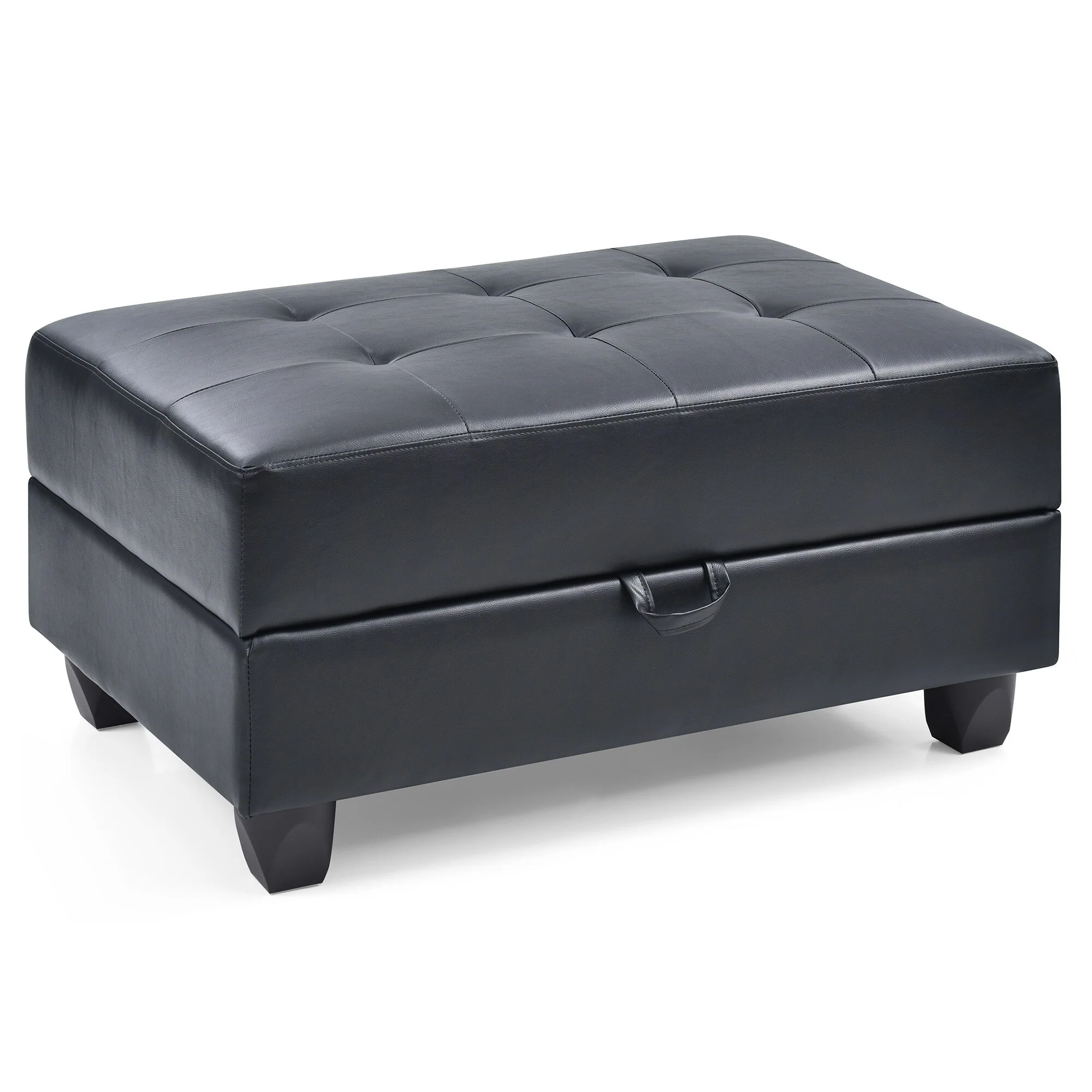 Tufted Faux Leather Storage Ottoman - 37 - Black