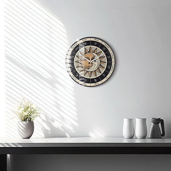 Horloge murale Wallfluent fi30 cm Aiguilles blanches Soleil et signes du zodiaque 1 pcs