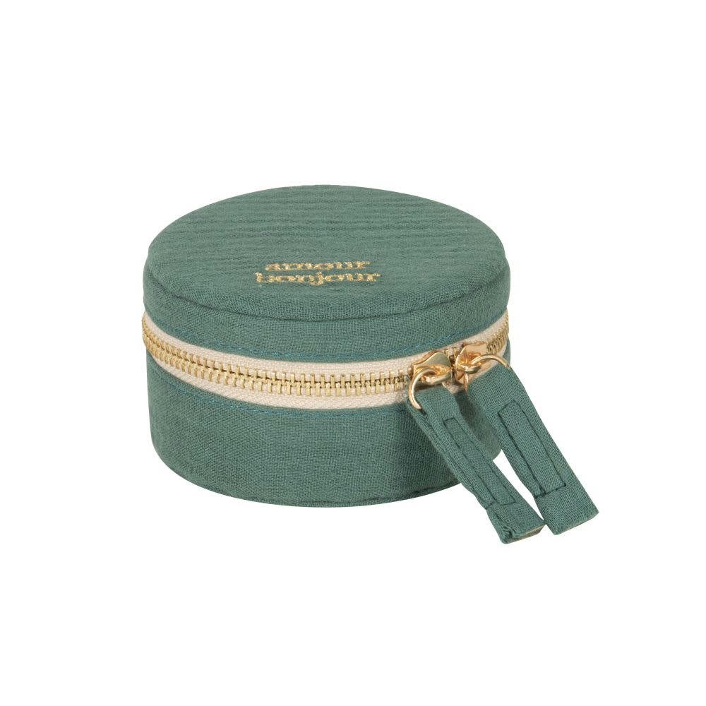 - Boîte à bijoux de voyage verte, dorée et écrue