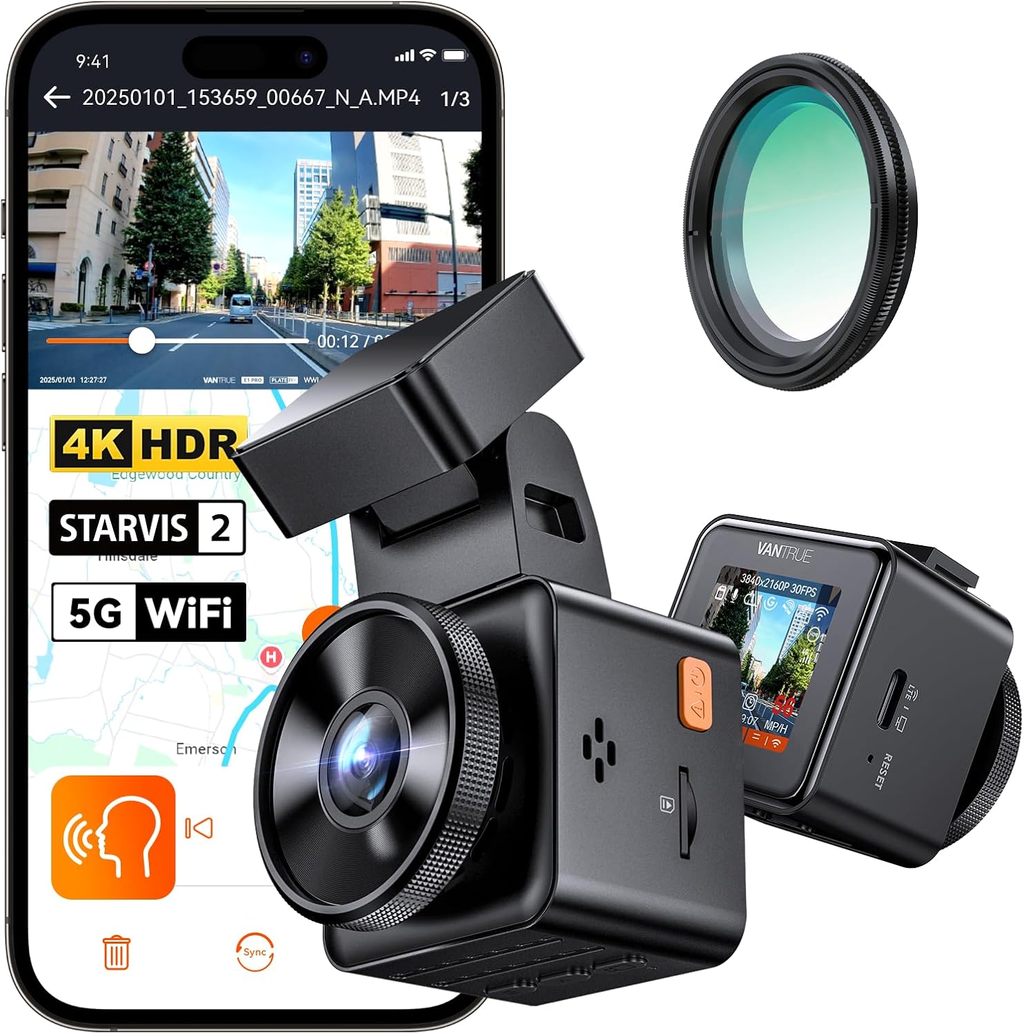 Vantrue E1 Pro 4K Mini Dash Cam Front  STARVIS 2 PlatePix HDR Night Vision Car Camera  Built-in 5G WiFi GPS  1.54'' IPS Screen  Voice Control  24/7 Buffered Parking Mode  Support 1TB Max
