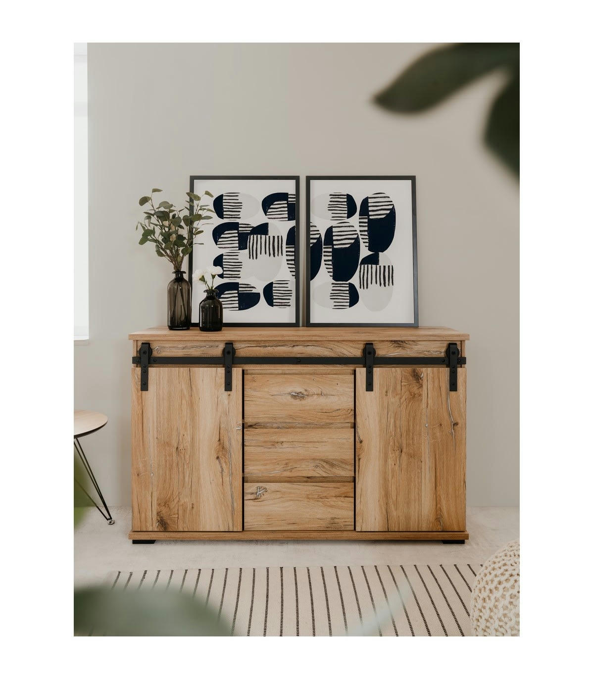 MANZANO - Buffet 2 portes coulissantes et 3 tiroirs L140 cm - Décor bois et noir