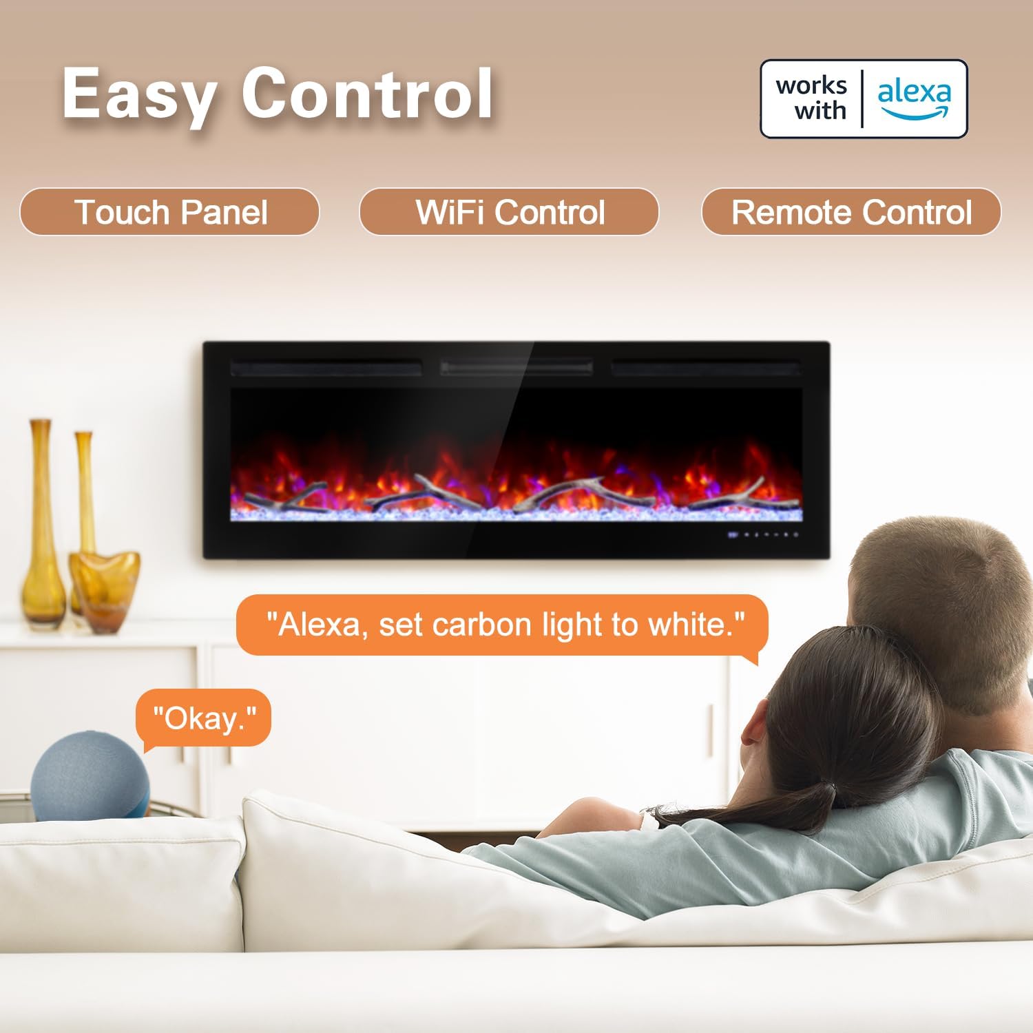 Cheerway 72’’ Smart WiFi Electric Fireplace Heater, Wall Mounted & Recessed Electric Fireplace Insert w/Timer, Child Lock, Crackling Sound, App & Remote Control, Adjustable Flame,1500W